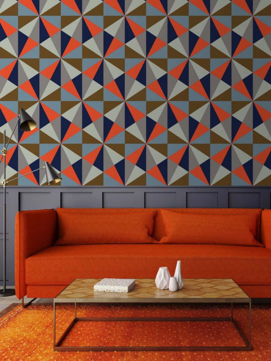 Modernism, orange sofa, geometric wallpaper, SD Phone Wallpaper