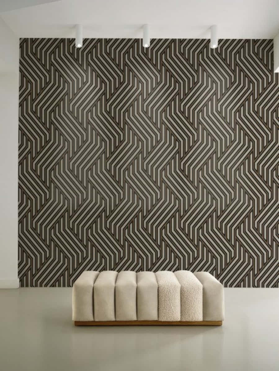 Modernism, beige tufted ottoman, black and white geometric patterned wallpaper, SD Phone Wallpaper