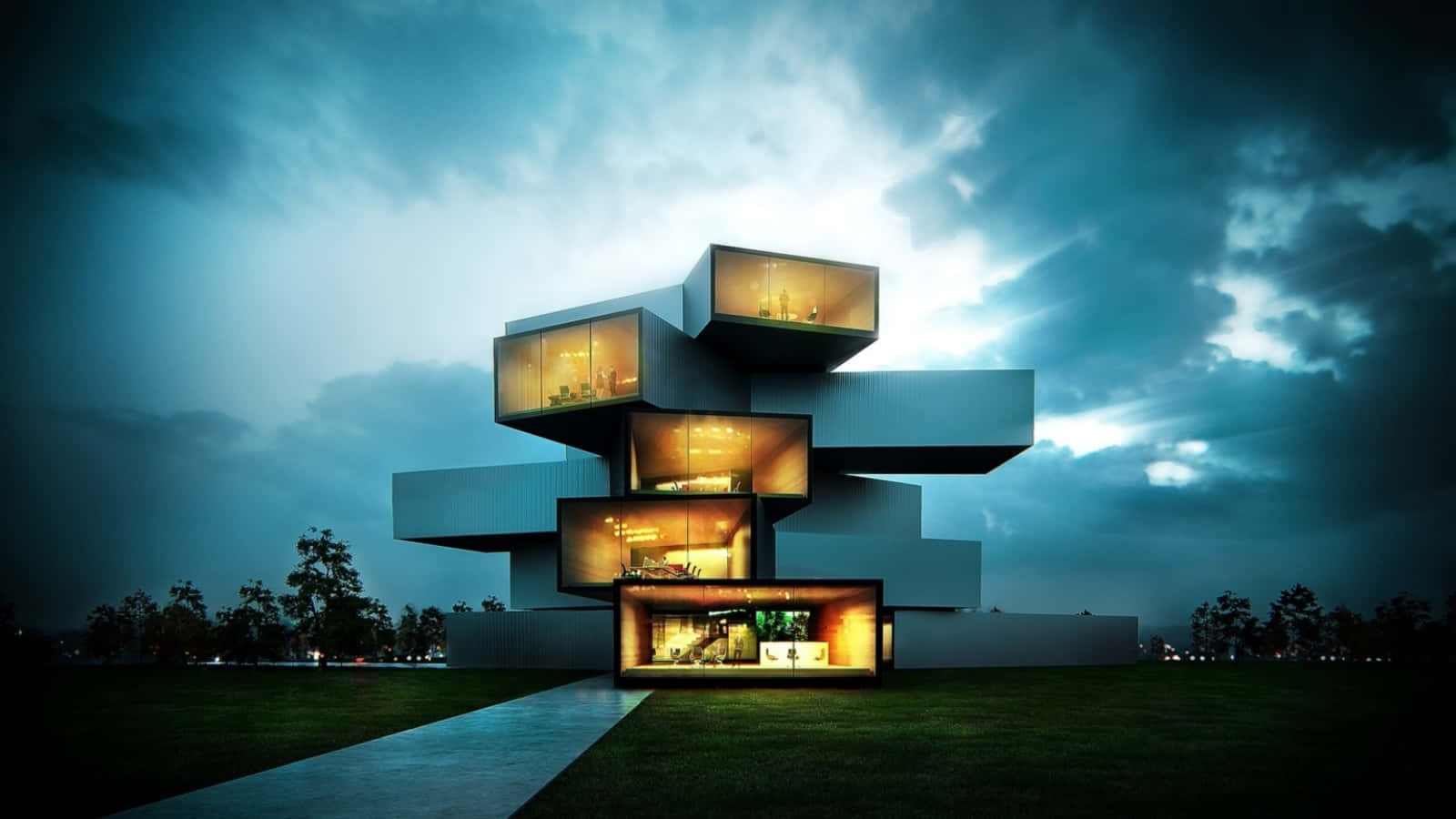 modernism, futuristic geometric house, glowing windows, HD Desktop Wallpaper