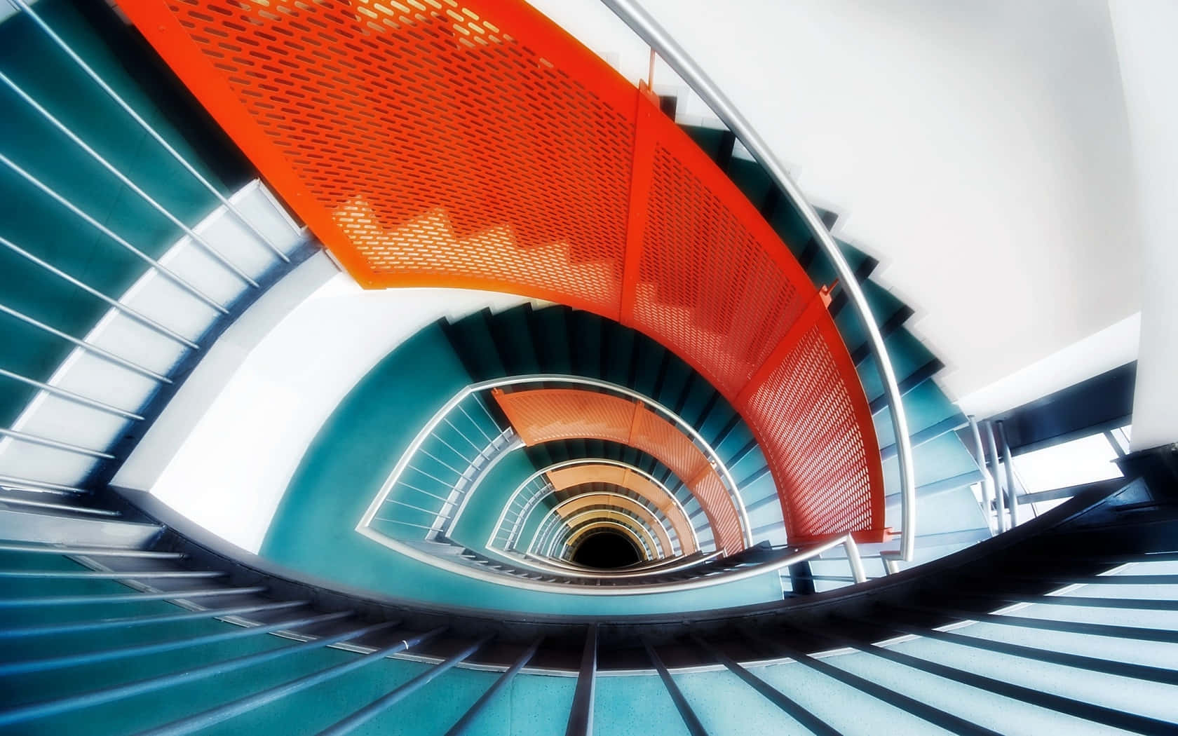 Modernism, vibrant spiral staircase, bold orange and teal steps, HD Desktop Wallpaper