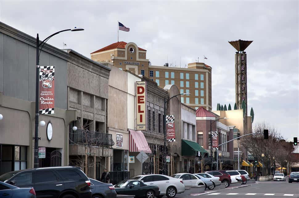 Modesto, downtown street, vintage buildings, SD Desktop Wallpaper