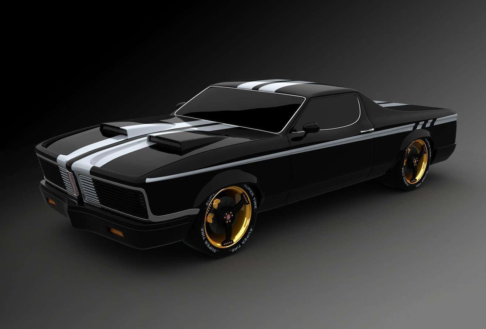 sleek black muscle car, gold rims, white racing stripes, HD Desktop Wallpaper
