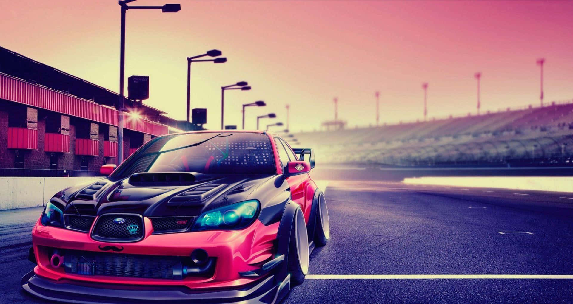 Sleek Modified Car, vibrant red and black, glowing headlights, Full HD Desktop Wallpaper