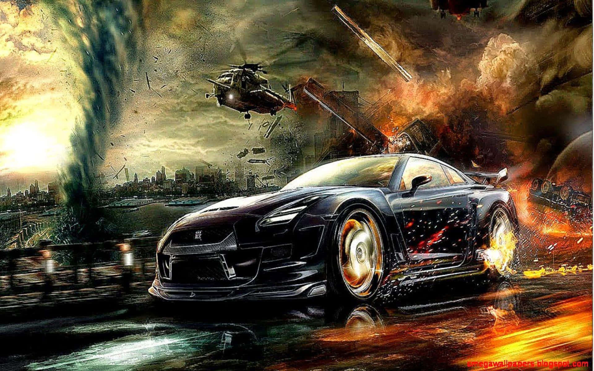 Sleek Black Modified Sports Car, fiery urban battlefield, explosions, Full HD Desktop Wallpaper