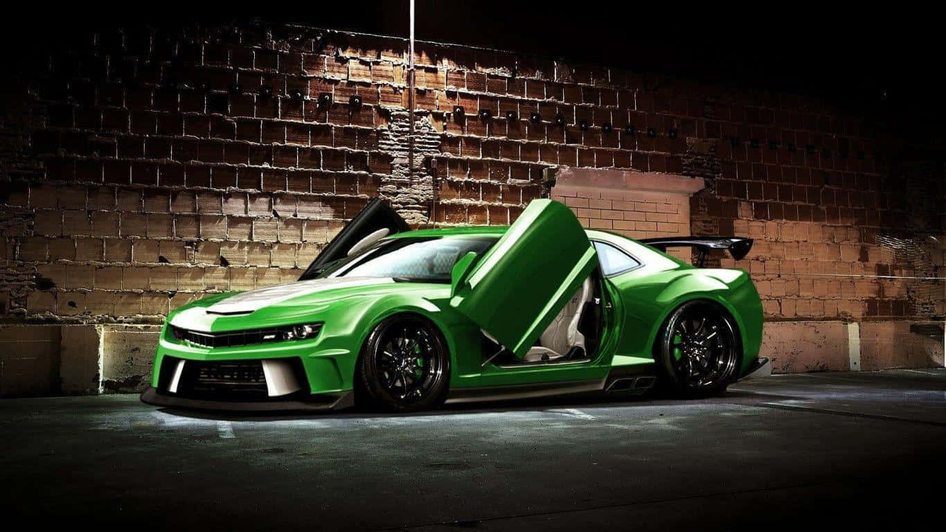 vibrant green sports car, scissor doors, weathered brick wall, HD Desktop Wallpaper