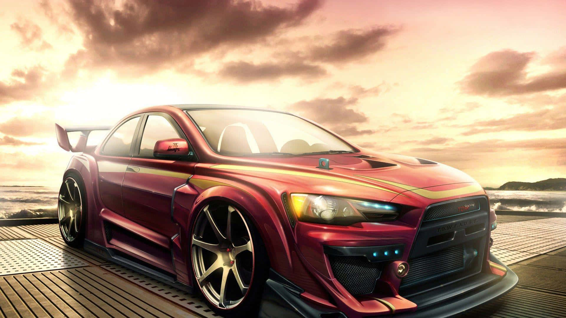 glossy red modified sports car, gold accents, wooden pier, Full HD Desktop Wallpaper