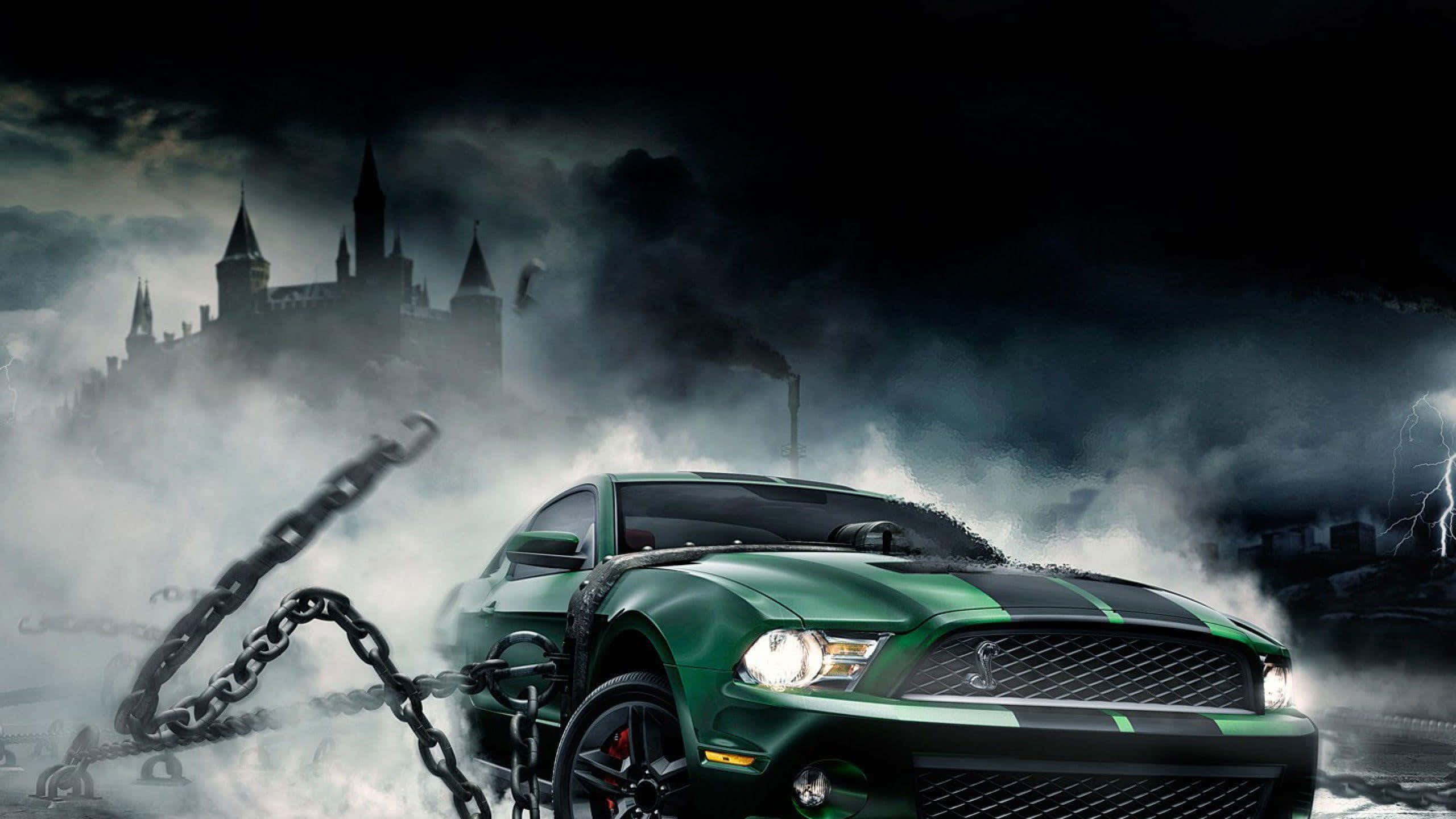 green muscle car, glowing headlights, stormy mist, 2K Desktop Wallpaper