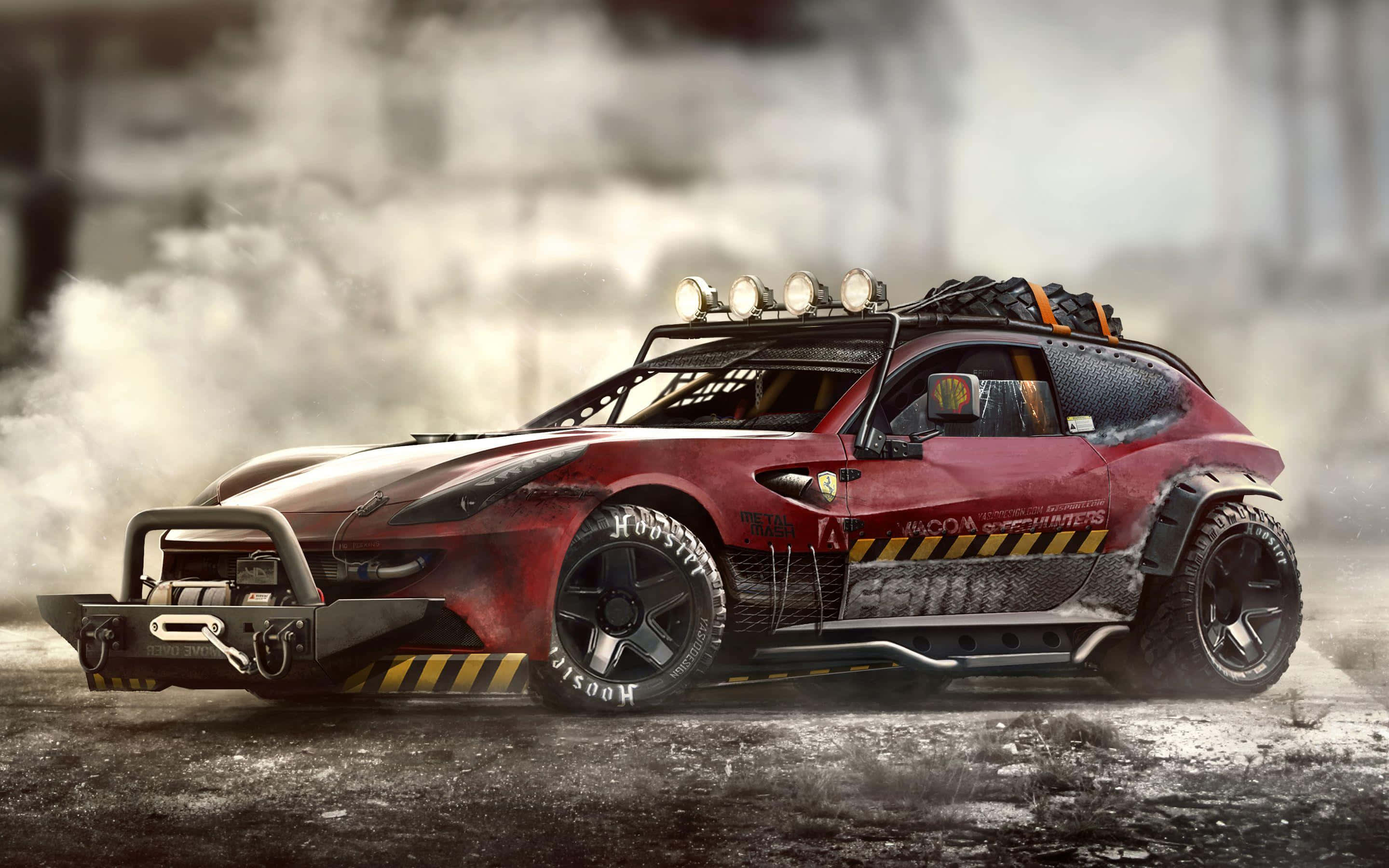 red off-road race car, yellow stripes, roof lights, 2K Desktop Wallpaper
