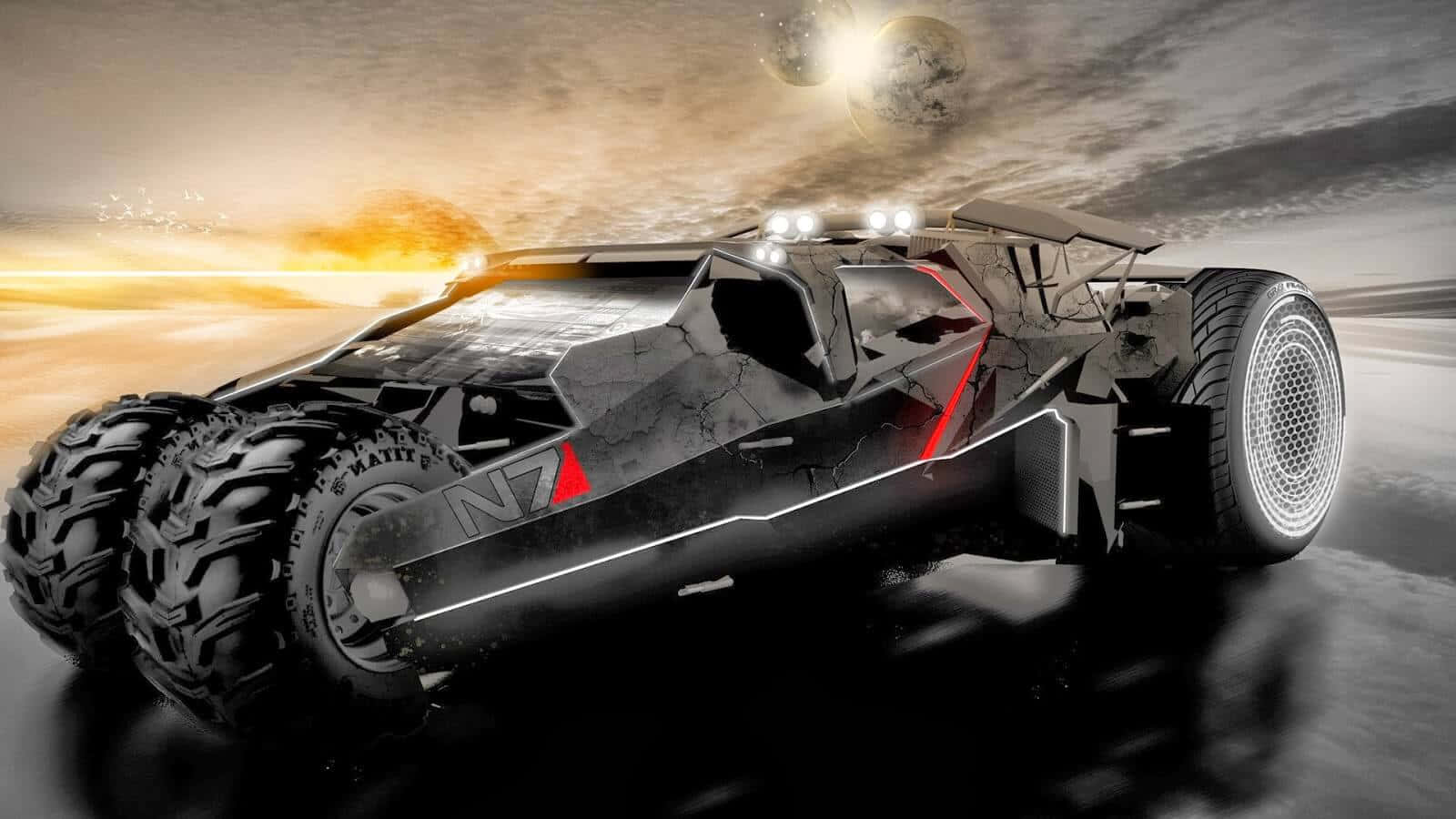 futuristic black armored vehicle, red accents, massive tires, HD Desktop Wallpaper