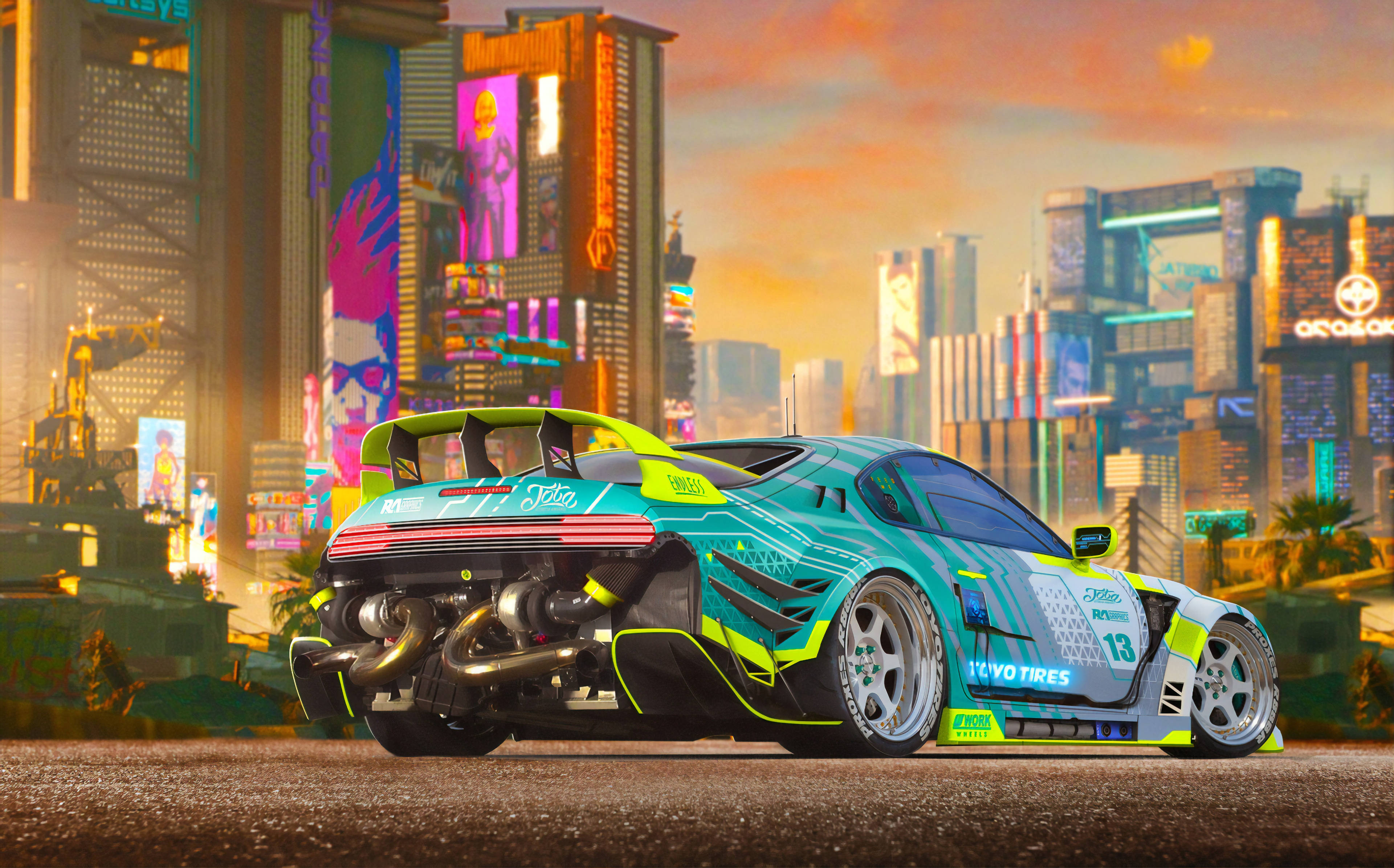 neon-lit futuristic race car, exposed exhausts, city street, 4K Desktop Wallpaper
