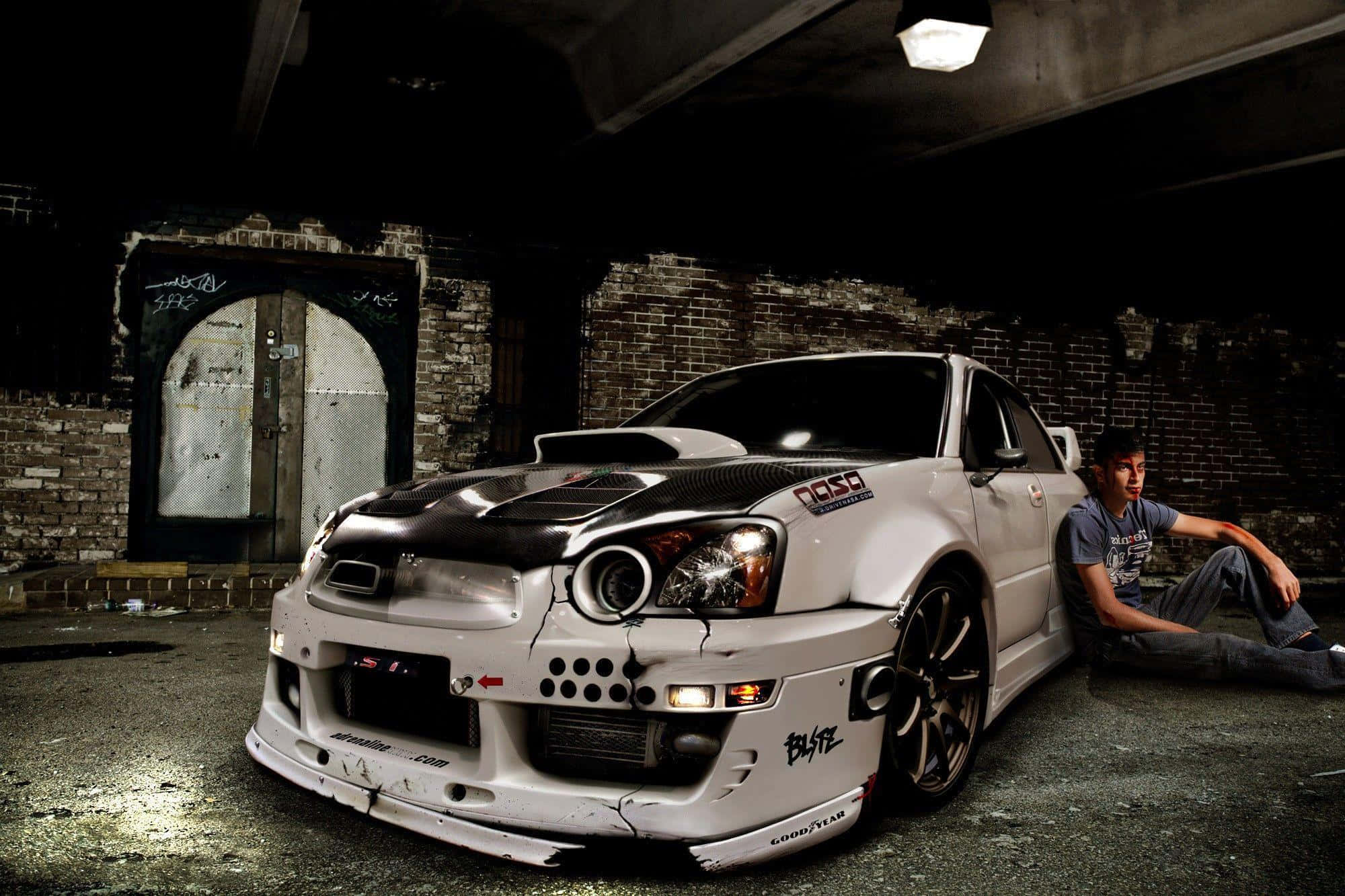 white sports car, custom parts, gritty underground garage, Full HD Desktop Wallpaper