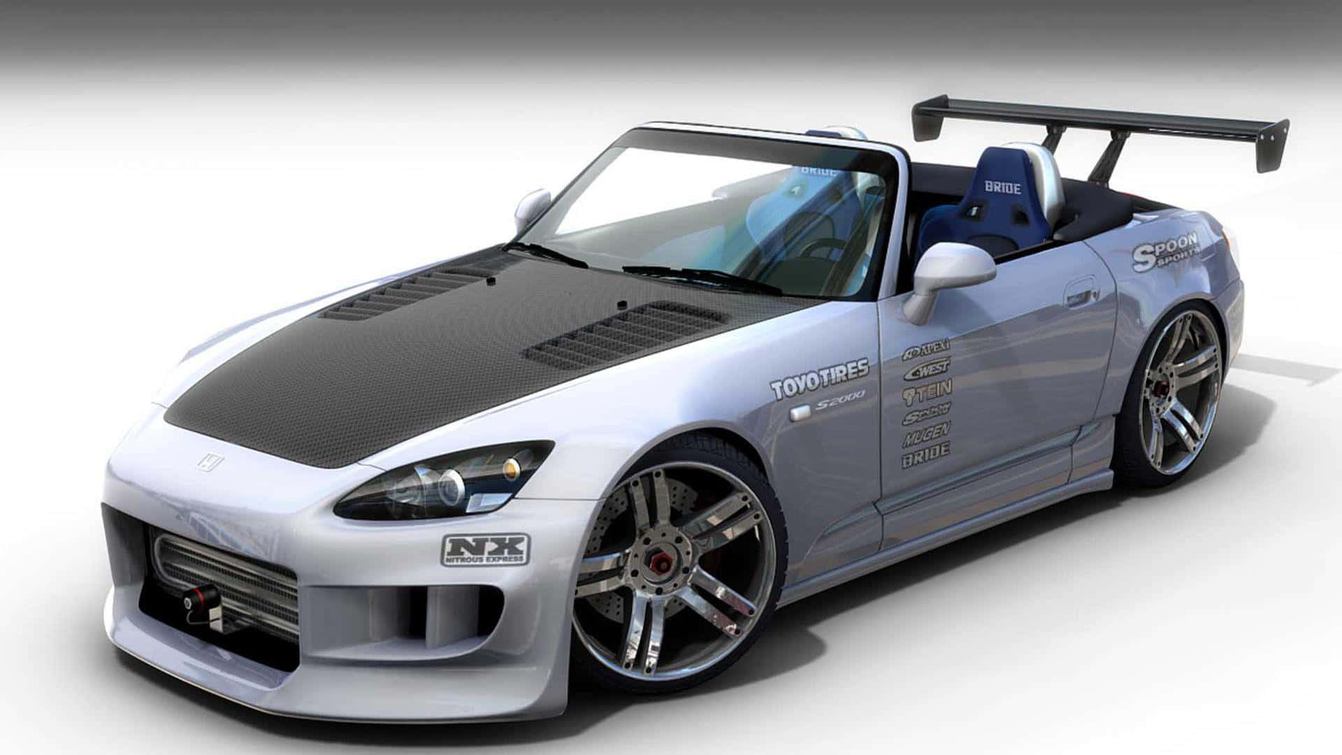 sleek silver convertible sports car, carbon fiber hood, large rear wing, Full HD Desktop Wallpaper