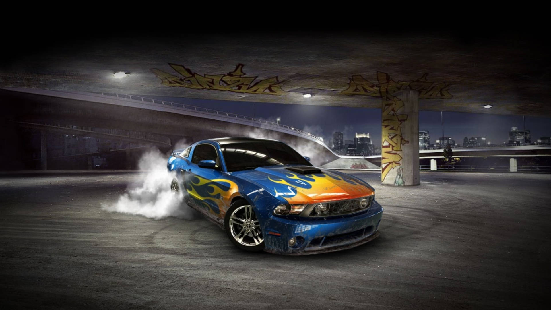 flame print, blue flame-painted, muscle car, Full HD Desktop Wallpaper