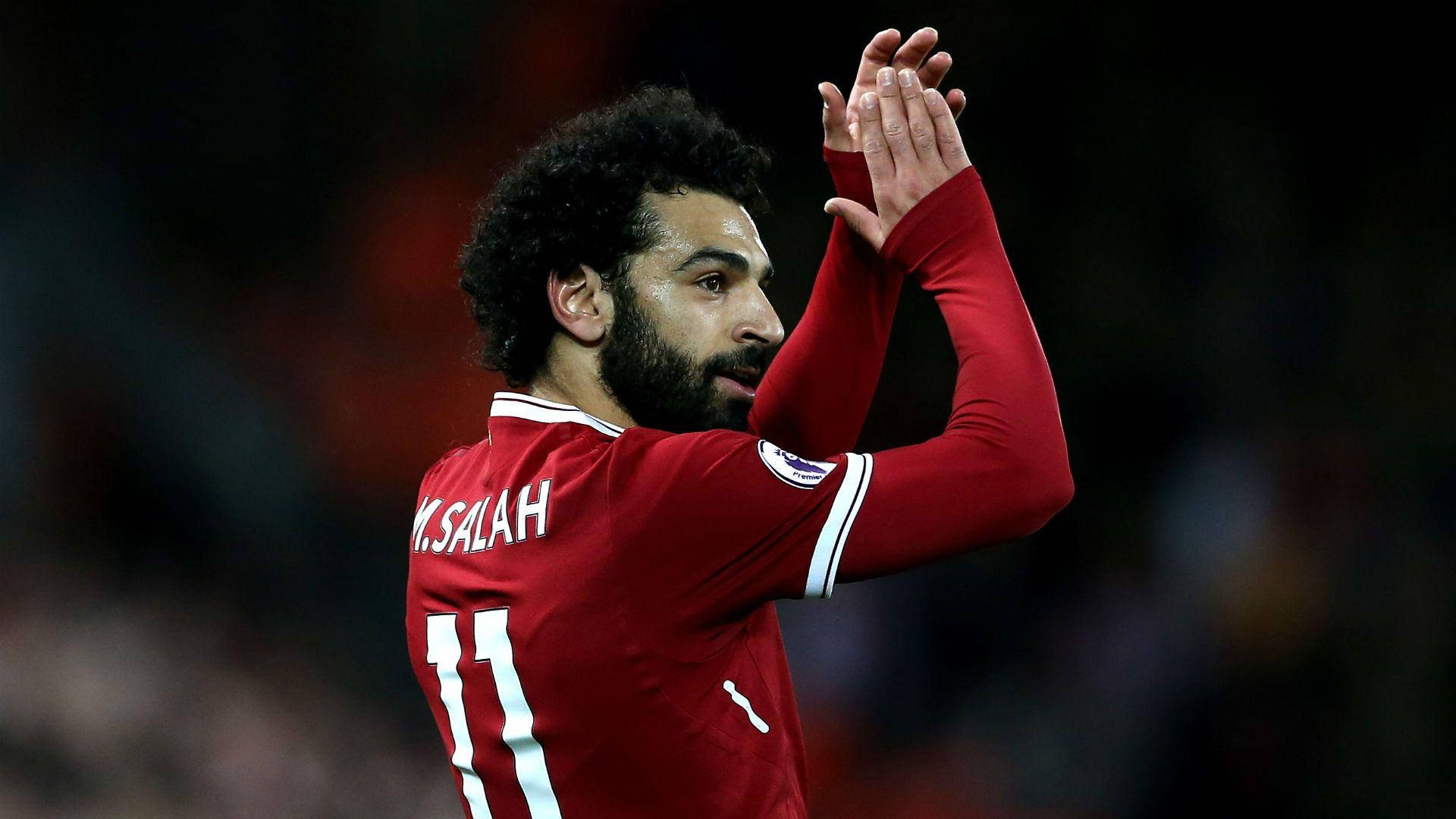 Mohamed Salah, red Liverpool jersey, stadium, Full HD Desktop Wallpaper