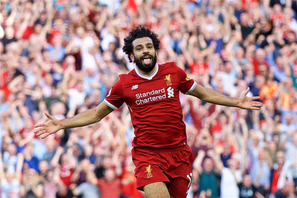 Mohamed Salah, red Liverpool jersey, roaring crowd, SD Desktop Wallpaper