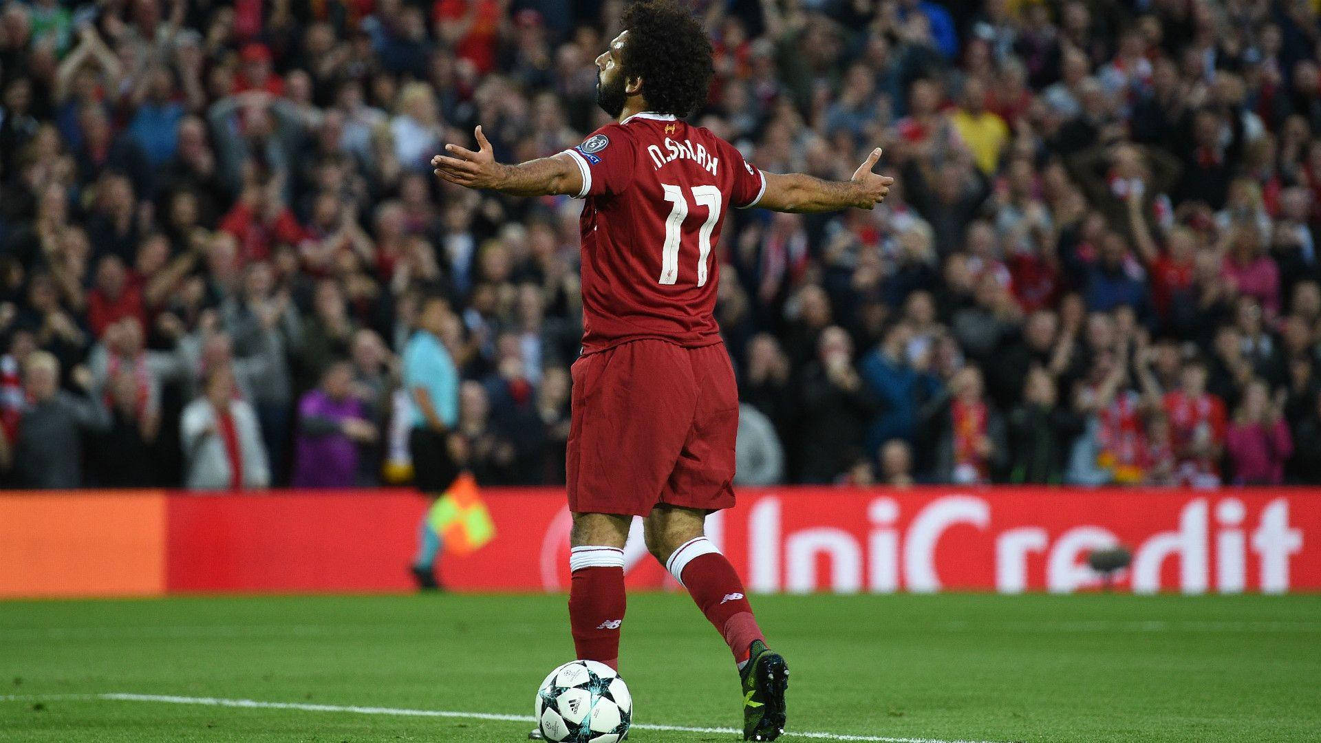 Mohamed Salah, red jersey, green pitch, Full HD Desktop Wallpaper