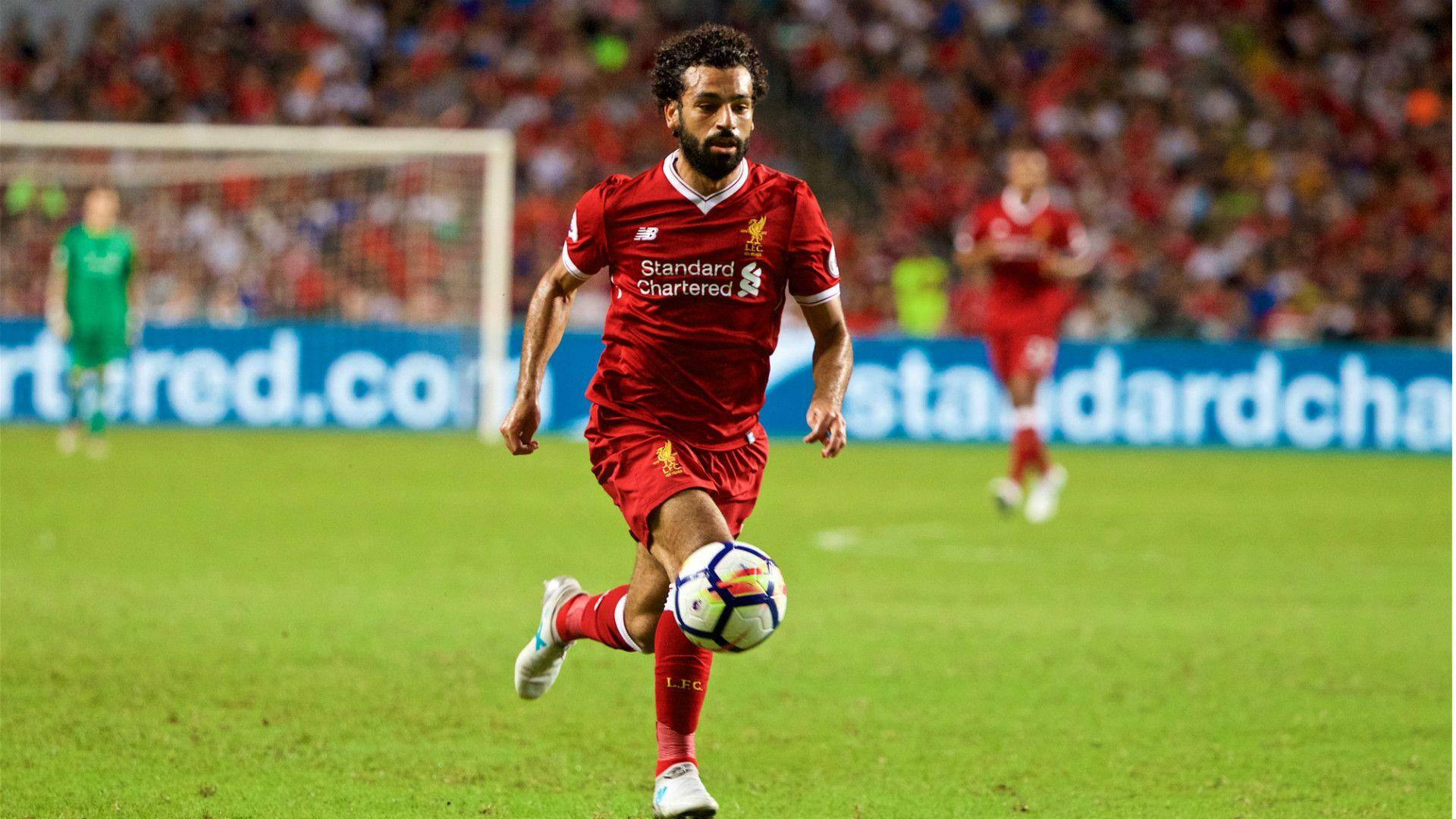 Mohamed Salah, red Liverpool kit, vibrant green pitch, Full HD Desktop Wallpaper