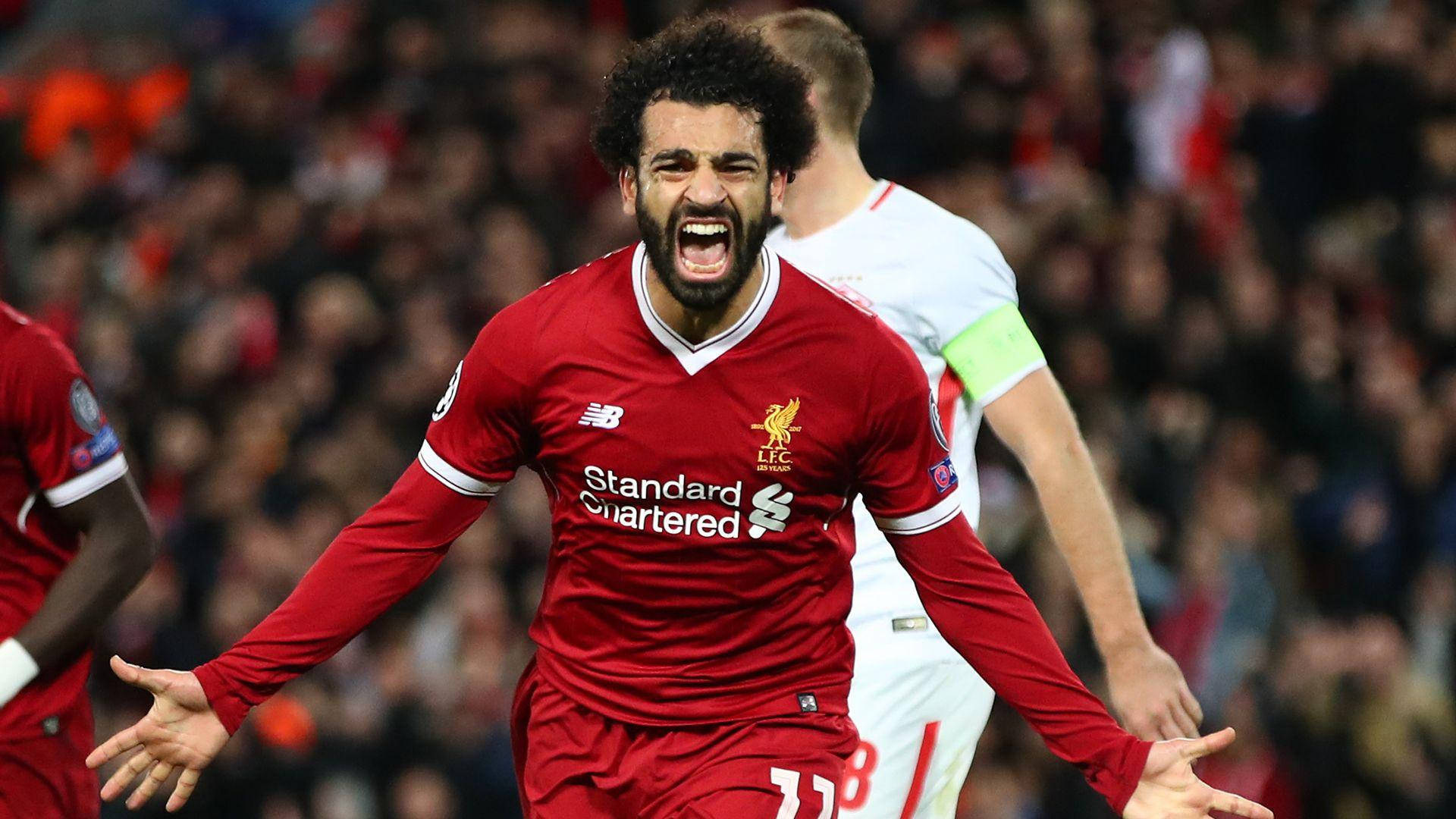 Mohamed Salah, red Liverpool jersey, screams triumphantly, Full HD Desktop Wallpaper