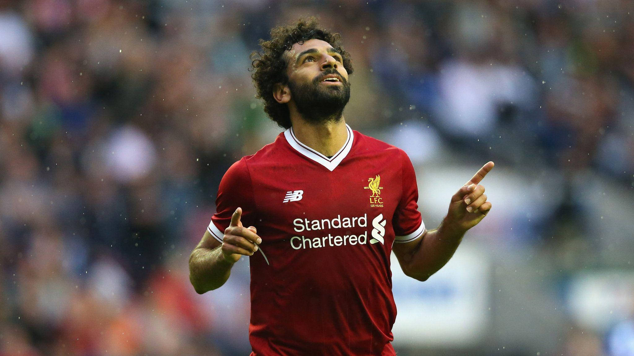 Mohamed Salah, red Liverpool jersey, falling rain, Full HD Desktop Wallpaper