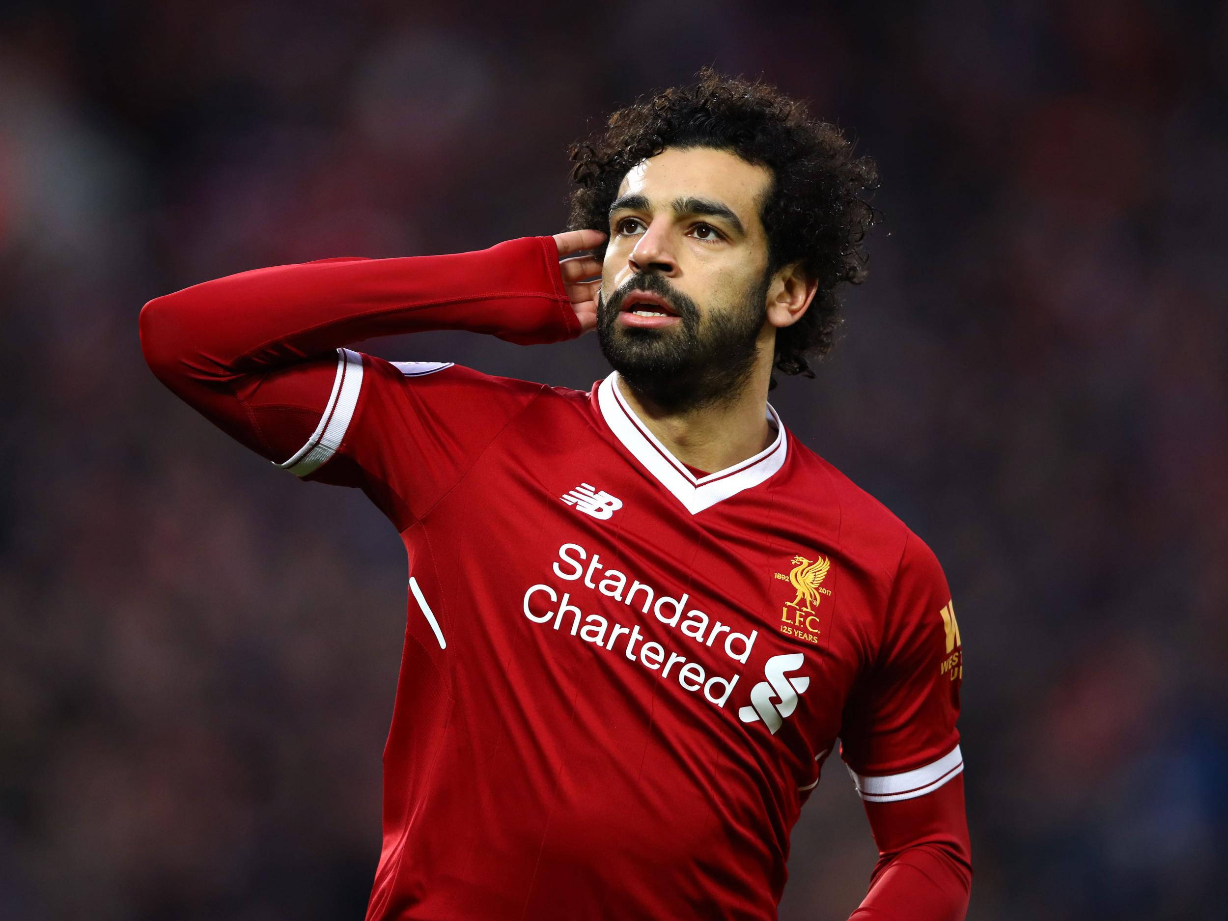 Mohamed Salah, red Liverpool jersey, stadium crowd, Full HD Desktop Wallpaper