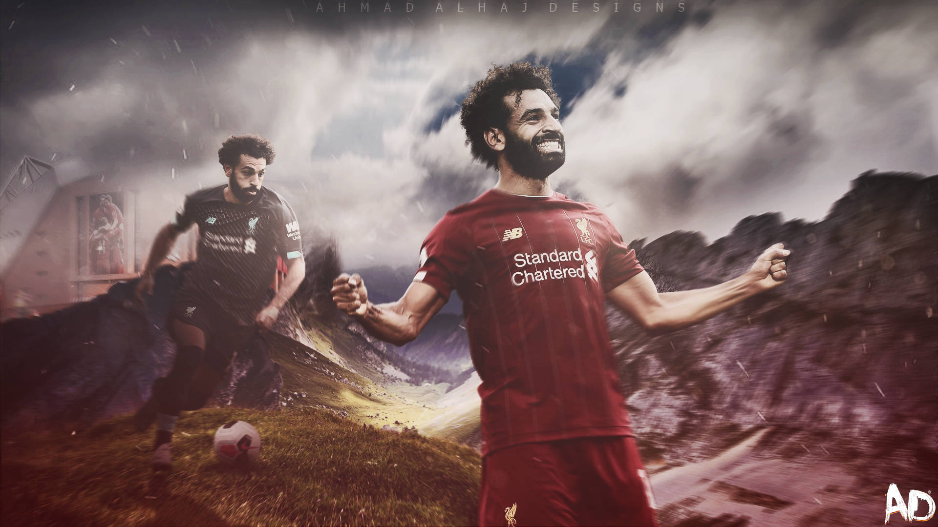 Mohamed Salah, red jersey, stormy mountain slope, Full HD Desktop Wallpaper