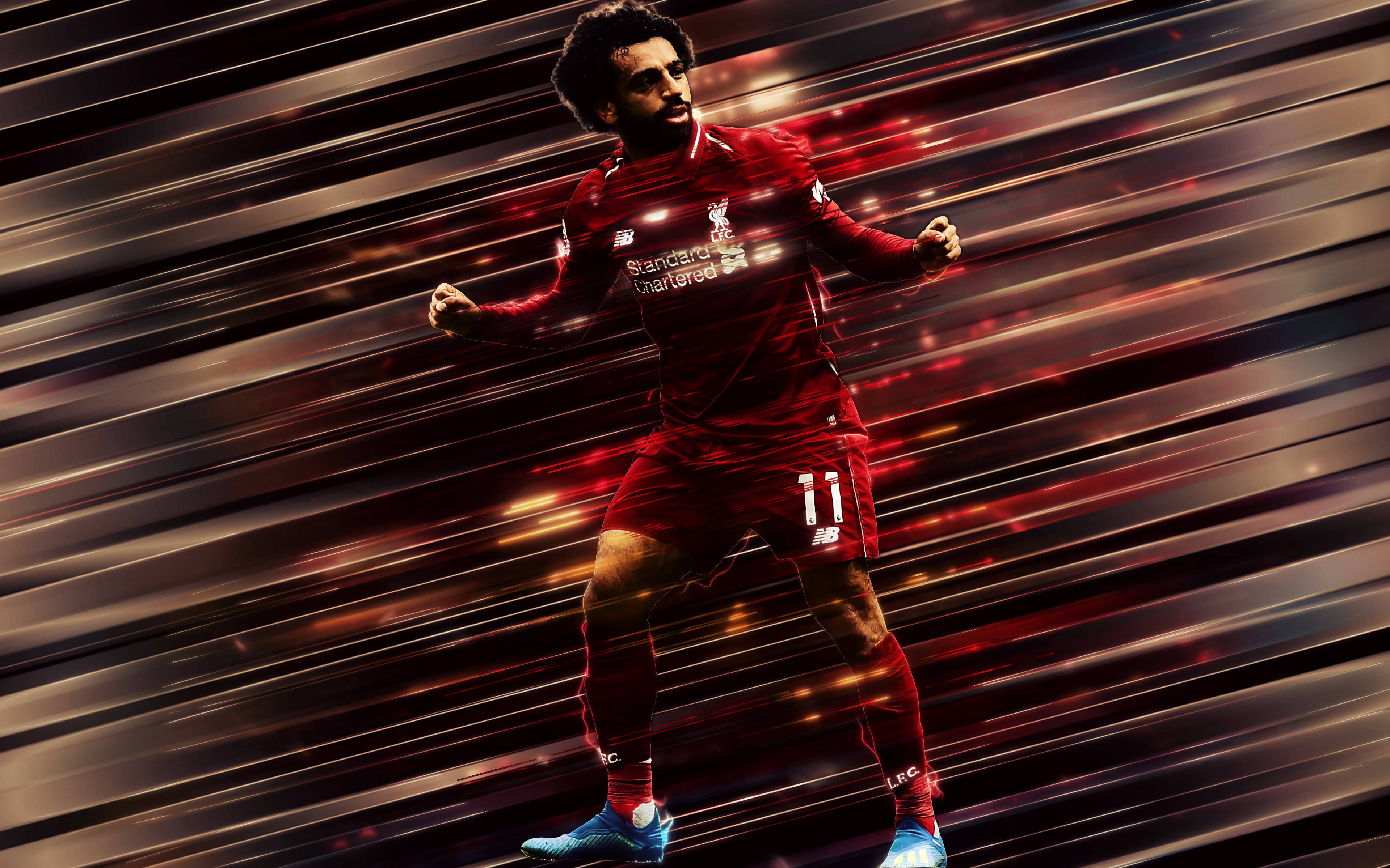 Mohamed Salah, red Liverpool kit, streaking red and gold motion blur background, 4K Desktop Wallpaper