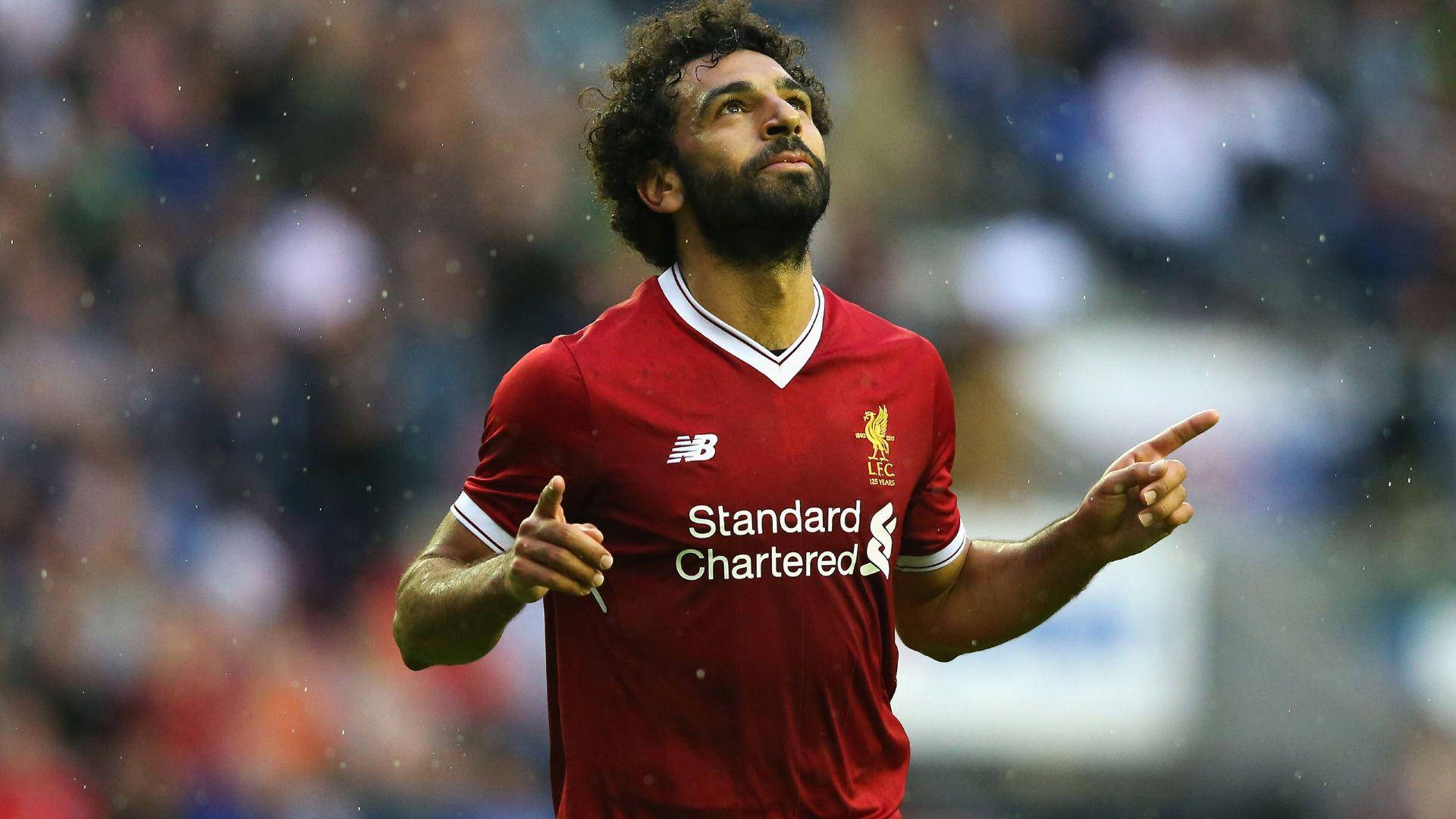 Mohamed Salah, red Liverpool jersey, falling rain, Full HD Desktop Wallpaper