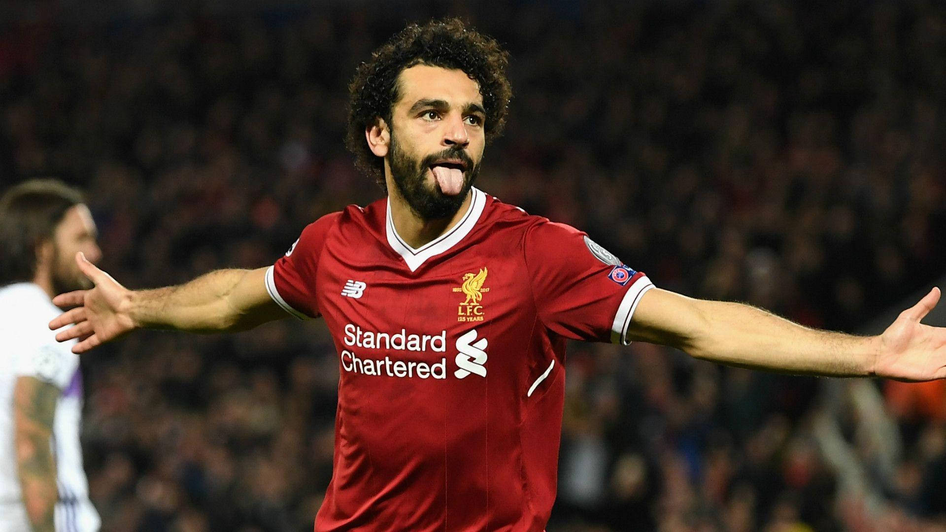 Mohamed Salah, red Liverpool jersey, tongue out, Full HD Desktop Wallpaper