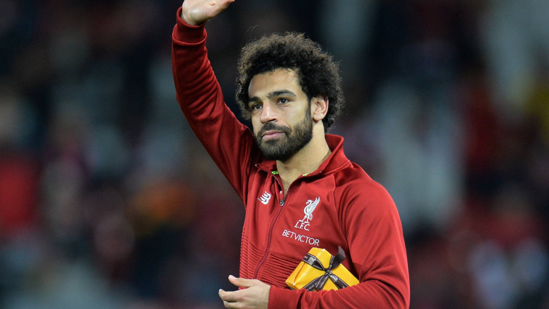 Mohamed Salah, red Liverpool training top, yellow scarf, Full HD Desktop Wallpaper