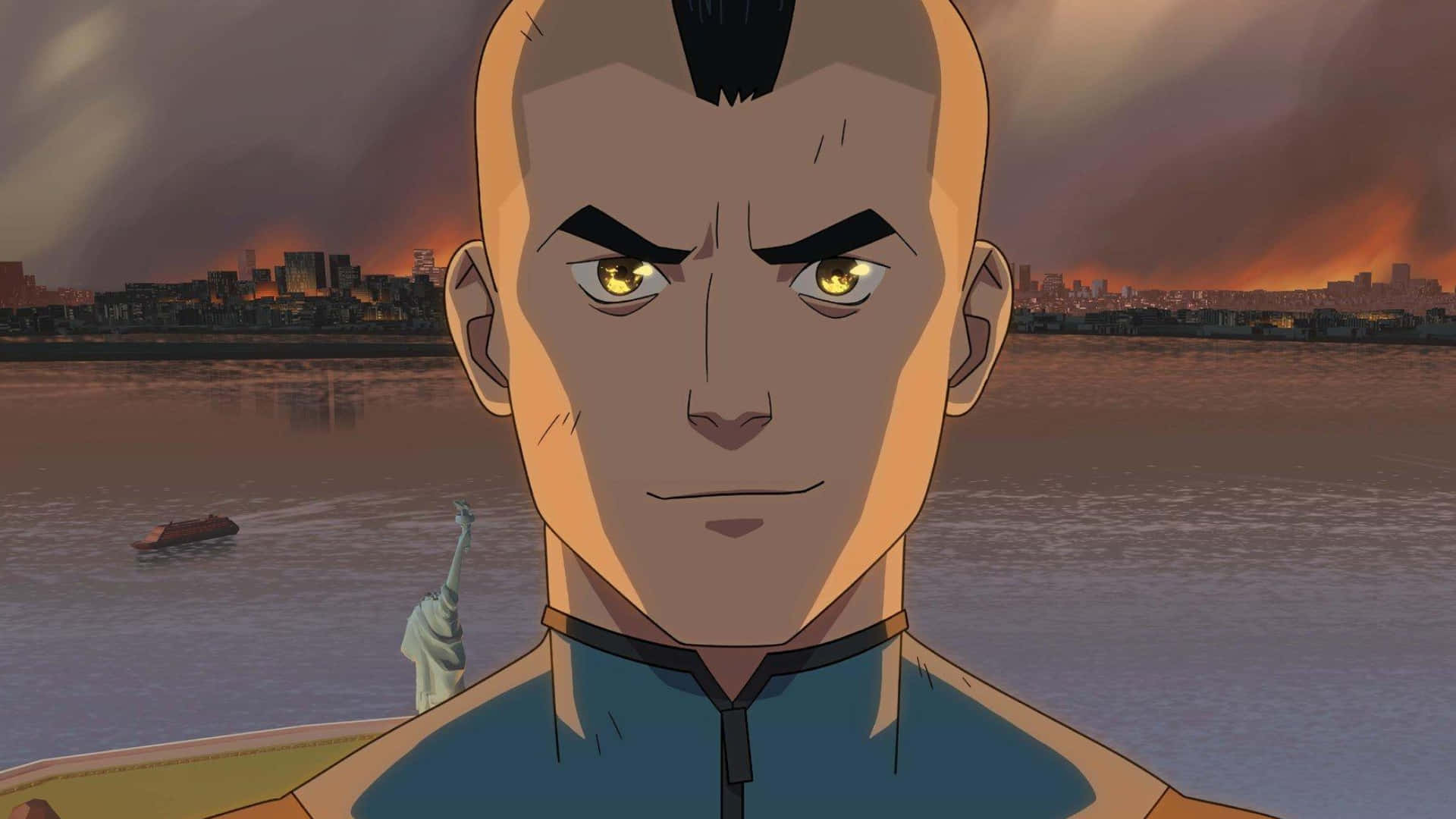 Mohawk Mark, glowing yellow eyes, burning city, Full HD Desktop Wallpaper