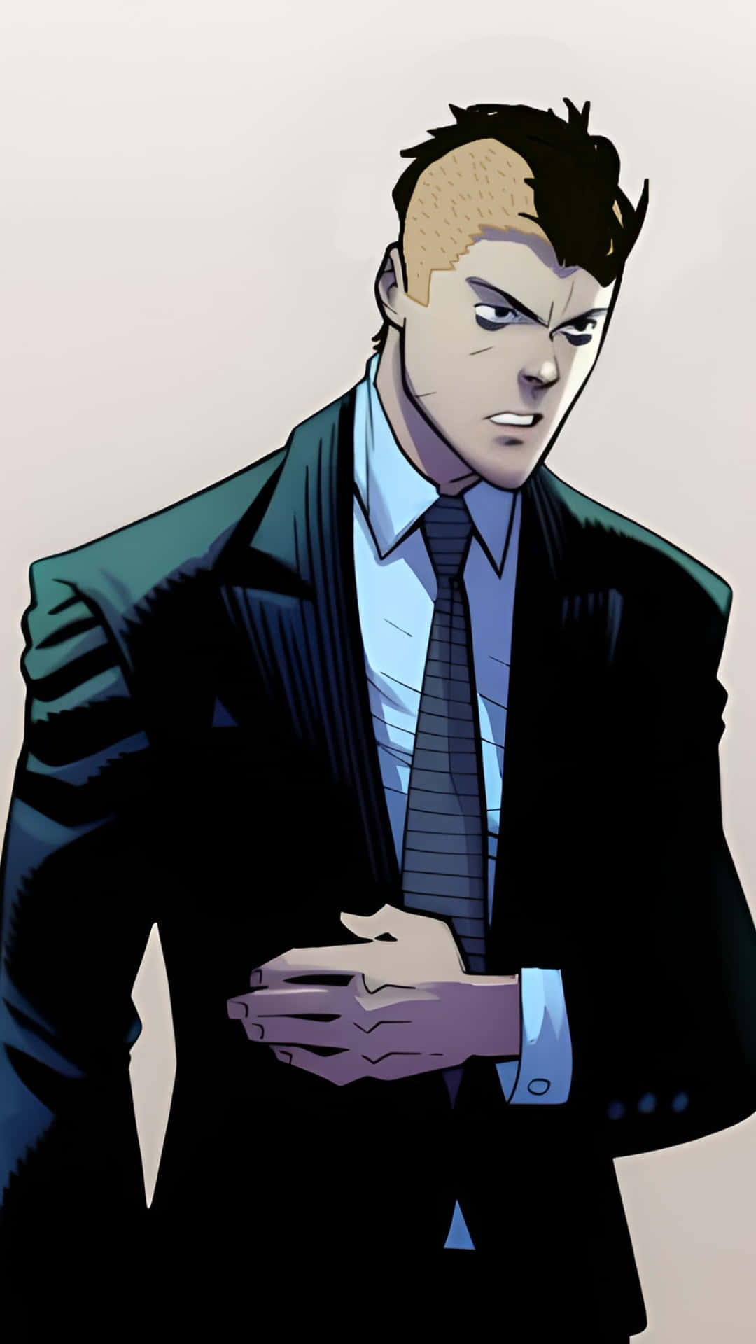 Mohawk Mark, cartoon man, dark suit, Full HD Phone Wallpaper