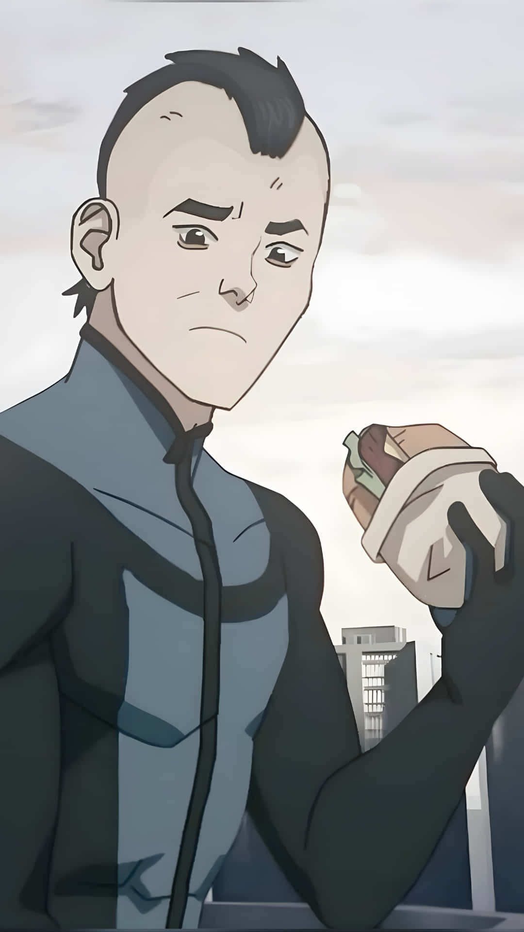 Mohawk Mark, dark jacket, wrapped sandwich, Full HD Phone Wallpaper