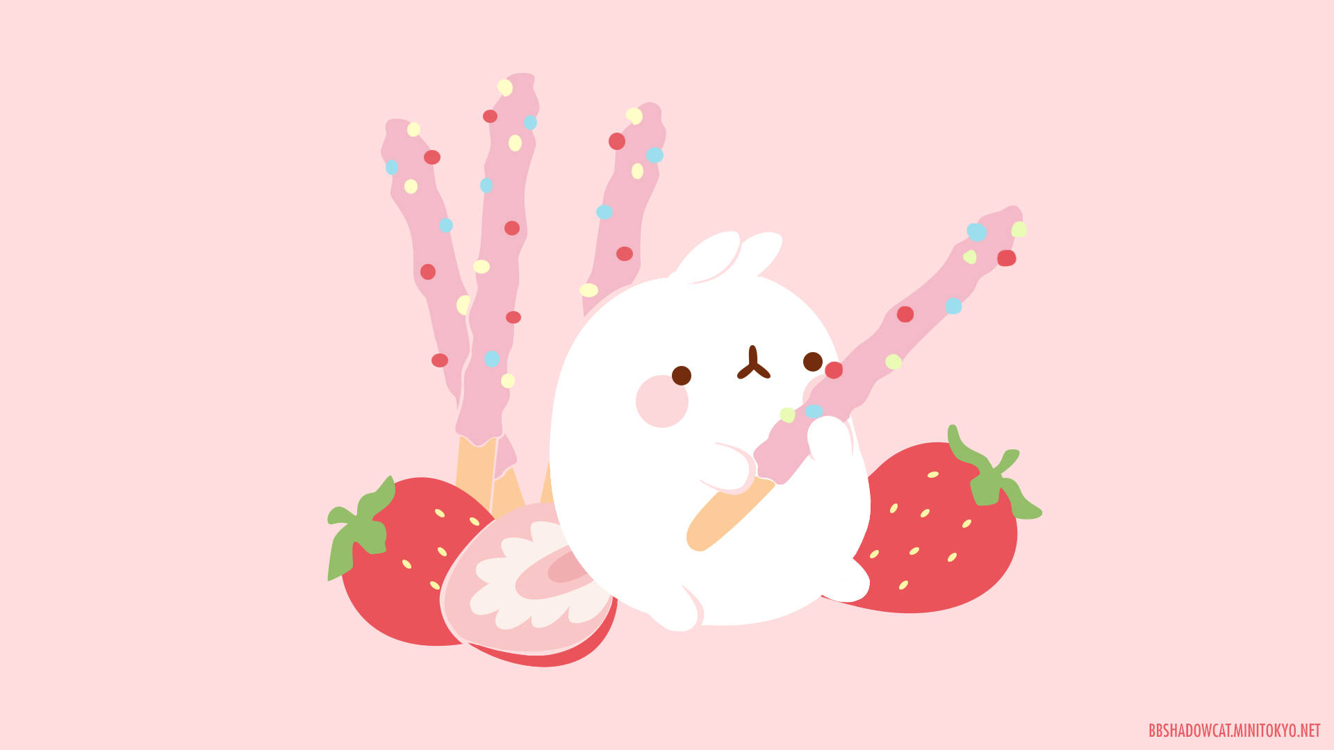 Molang, strawberry pocky, pink sprinkle ice cream stick, Full HD Desktop Wallpaper