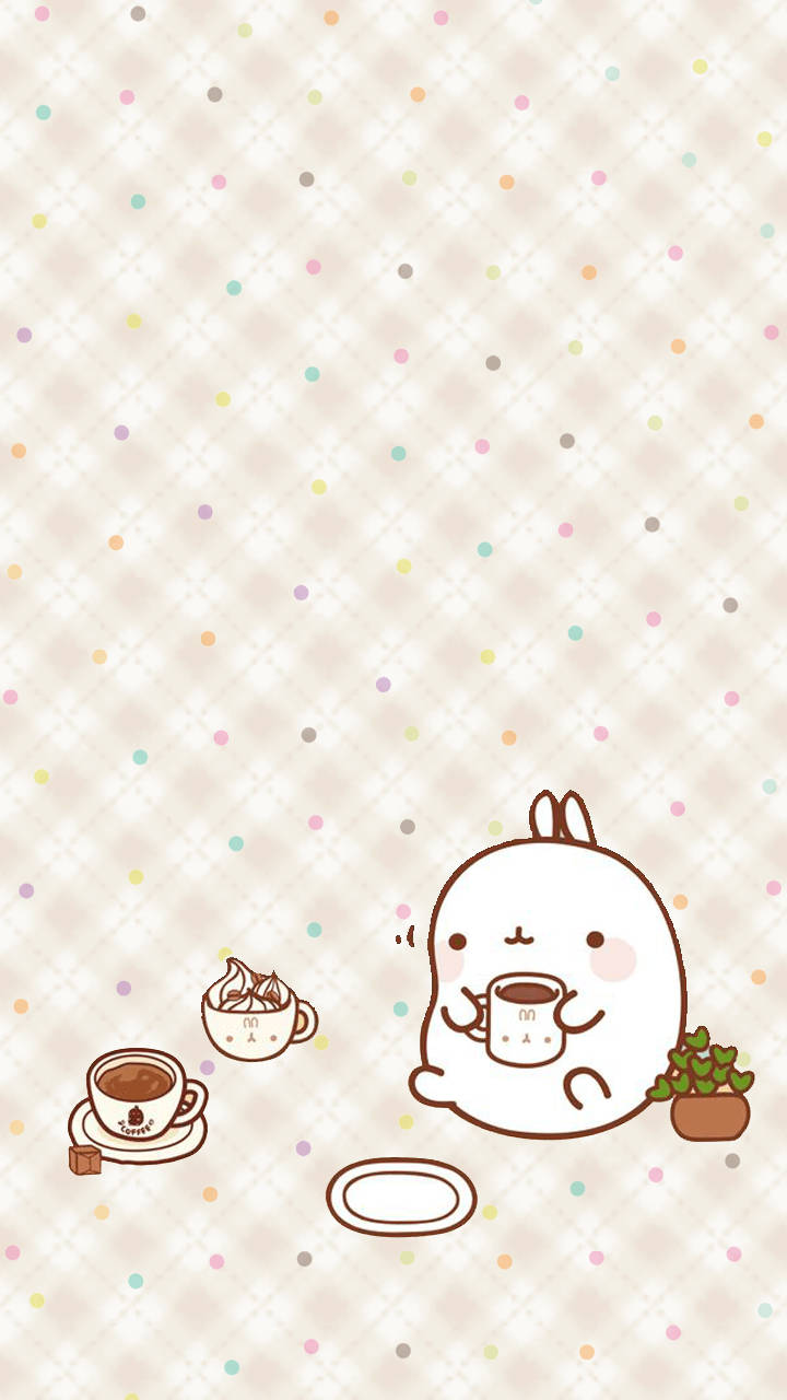 Molang, coffee, potted plant, HD Phone Wallpaper