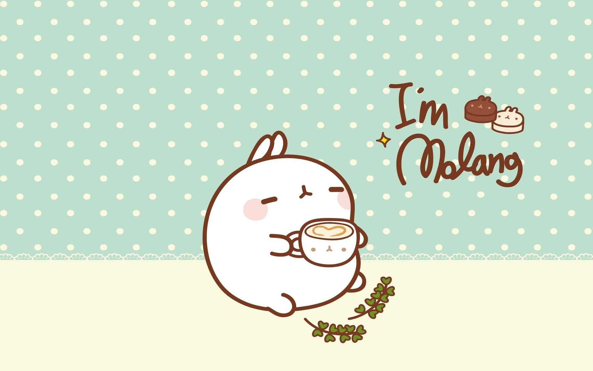 Molang, white cartoon rabbit, mint green polka dot background, Full HD Desktop Wallpaper