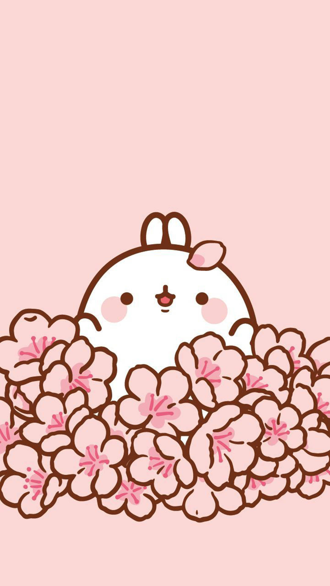 Molang, pink cherry blossoms, soft pink background, Full HD Phone Wallpaper