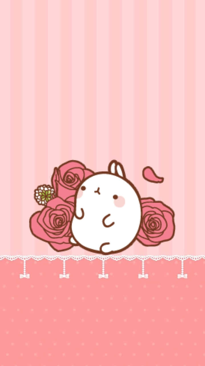 Molang, pink roses, pastel pink striped background, HD Phone Wallpaper