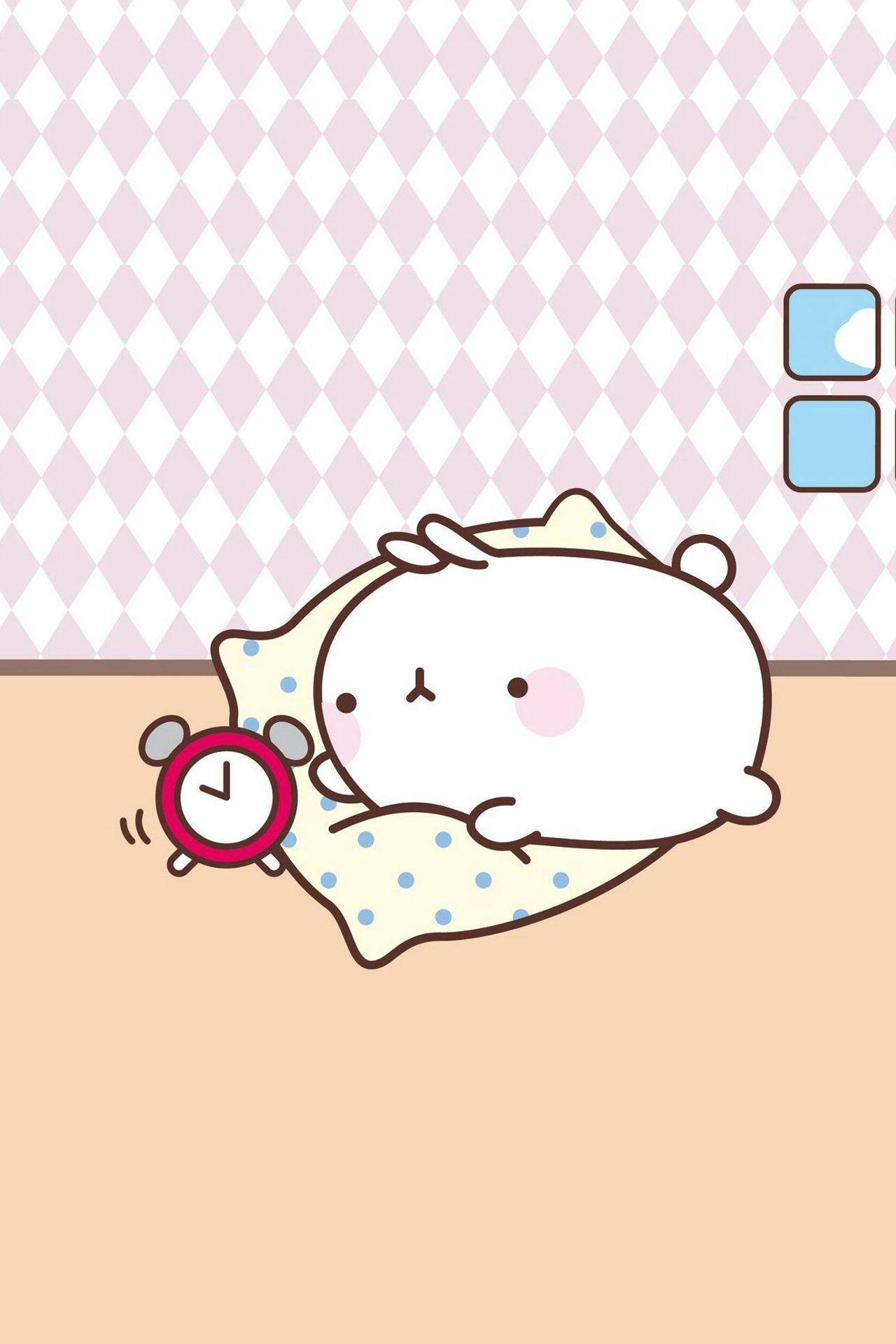 Molang, red alarm clock, pink and white diamond patterned wall, Full HD Phone Wallpaper