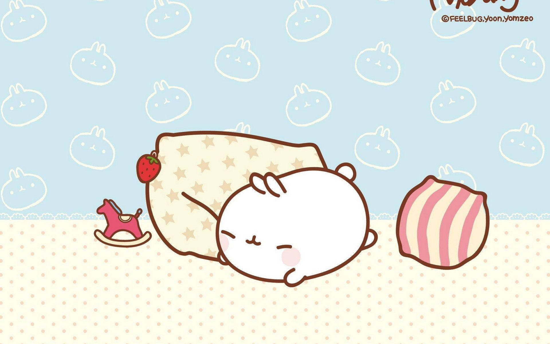 Molang, white bunny, star-patterned pillow, Full HD Desktop Wallpaper