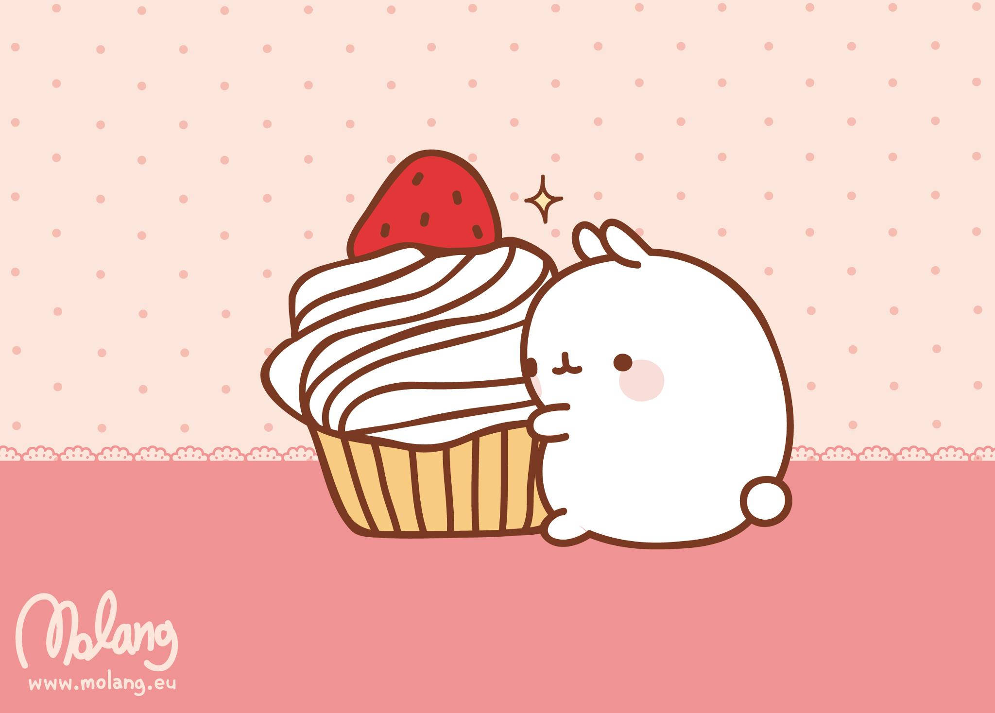 Molang, strawberry-topped cupcake, pink polka dot background, Full HD Desktop Wallpaper