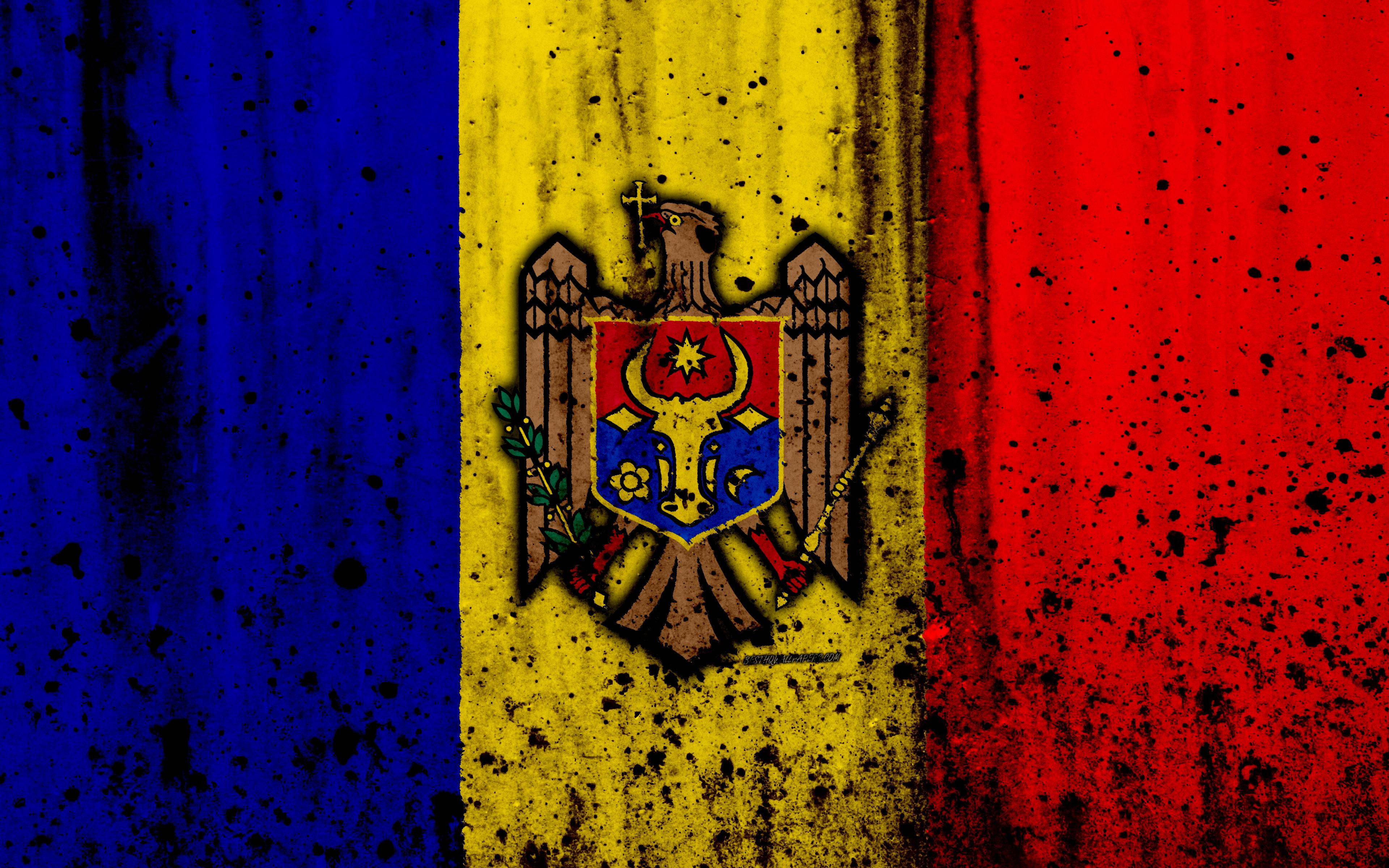 Moldova flag, blue yellow and red stripes, coat of arms, 4K Desktop Wallpaper