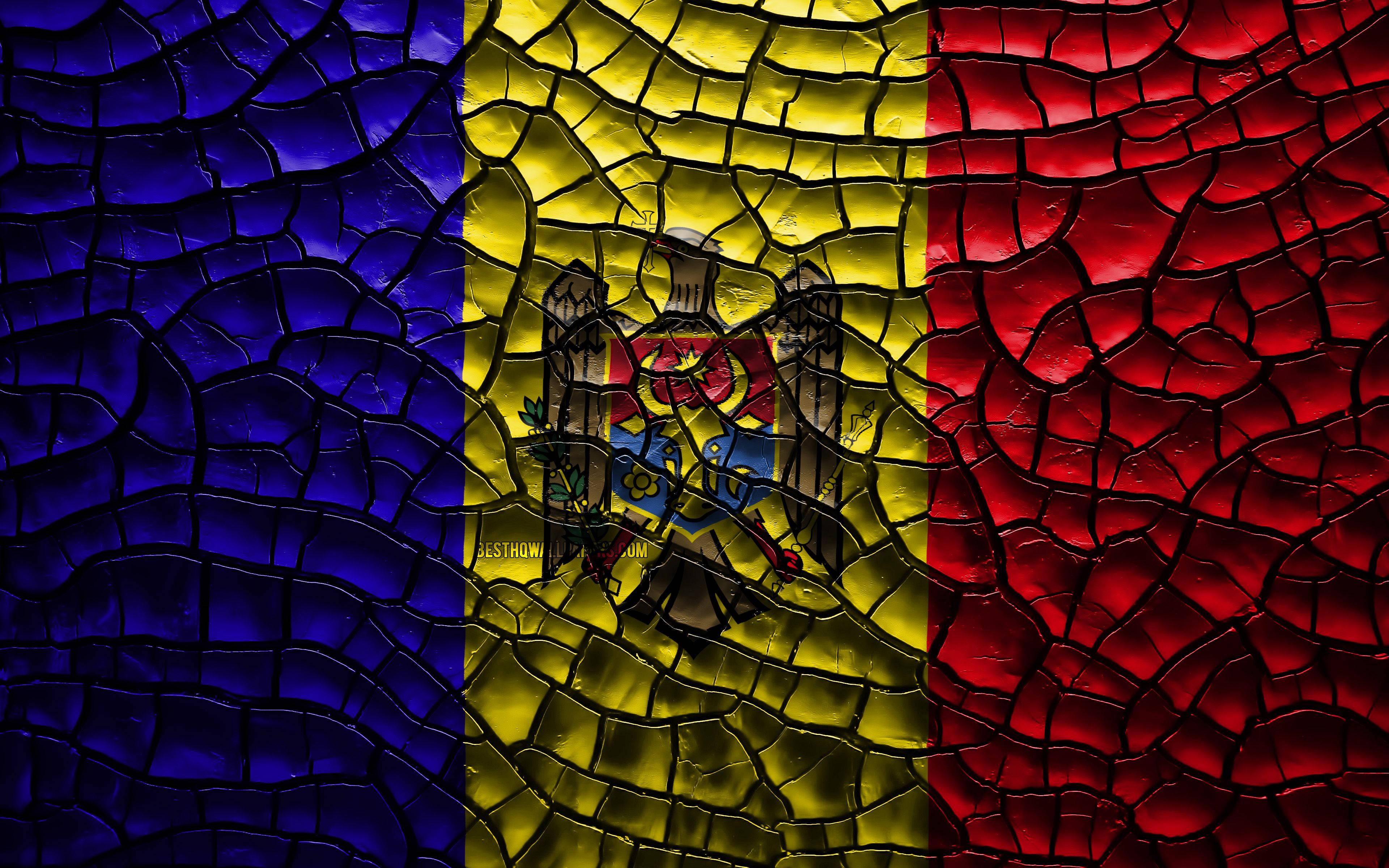 Moldova flag, crack design, blue yellow and red panels, 4K Desktop Wallpaper