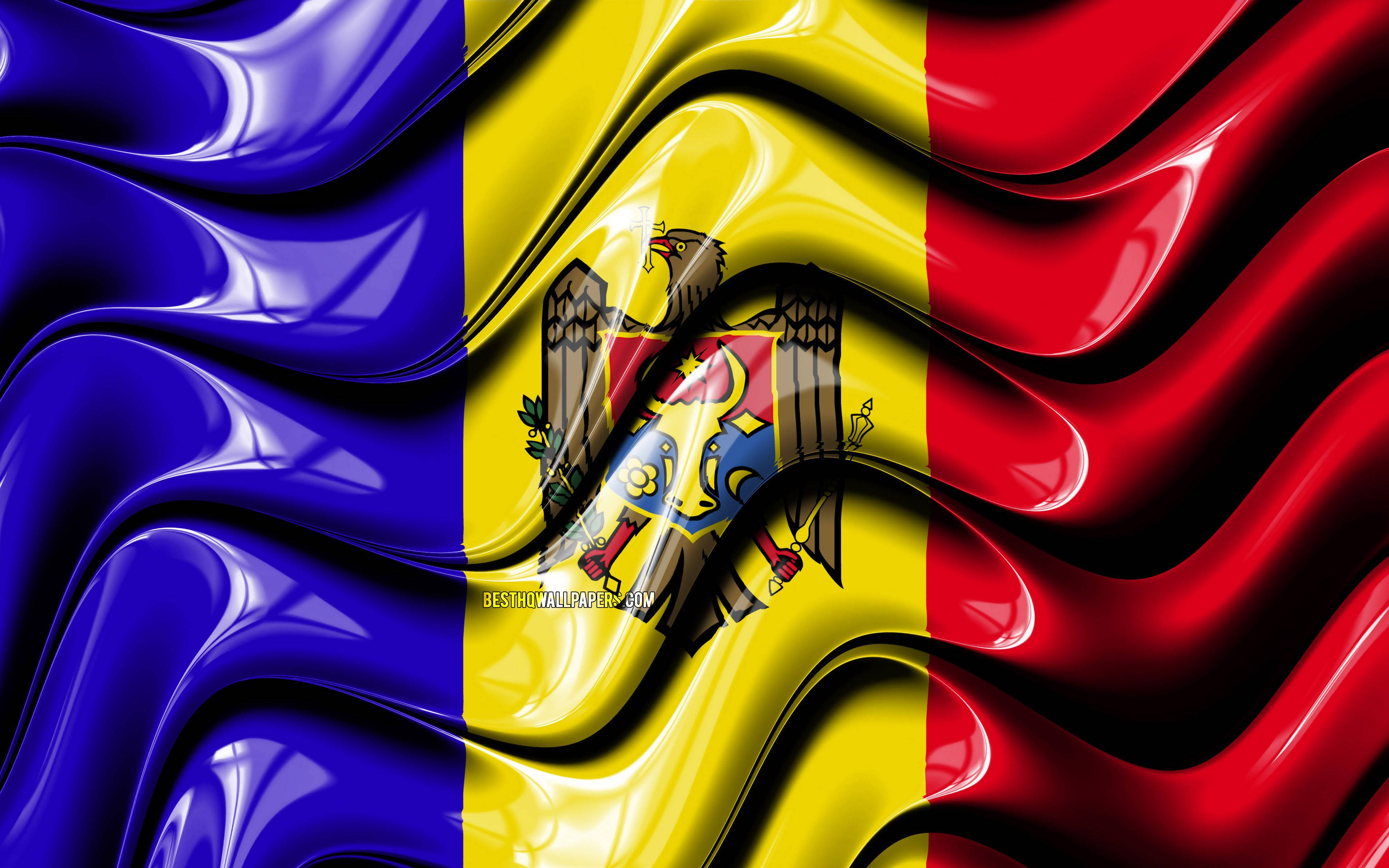 Moldova flag, glossy paint, blue yellow and red stripes, 4K Desktop Wallpaper