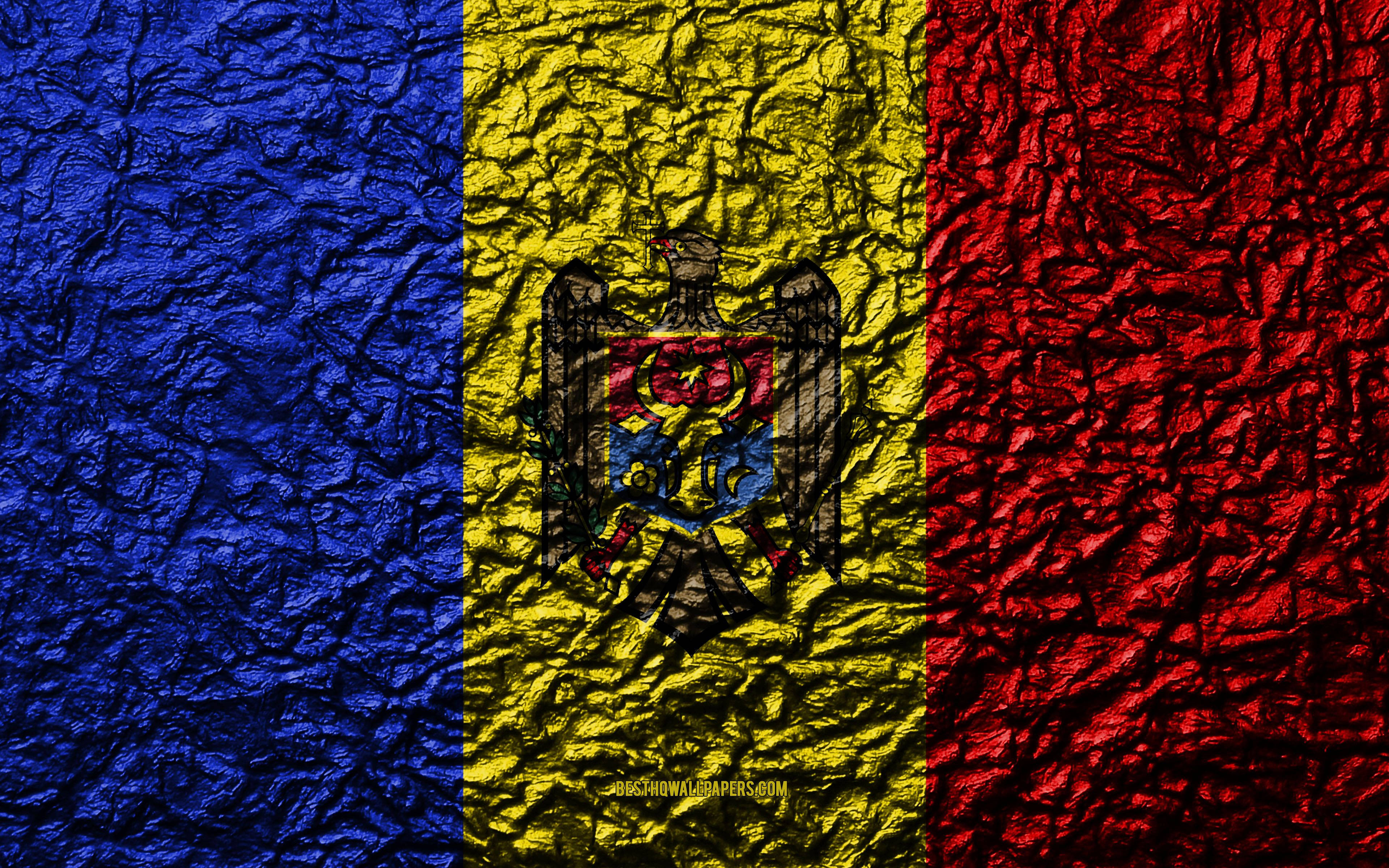 Moldova, blue yellow and red vertical stripes, national coat of arms, 4K Desktop Wallpaper