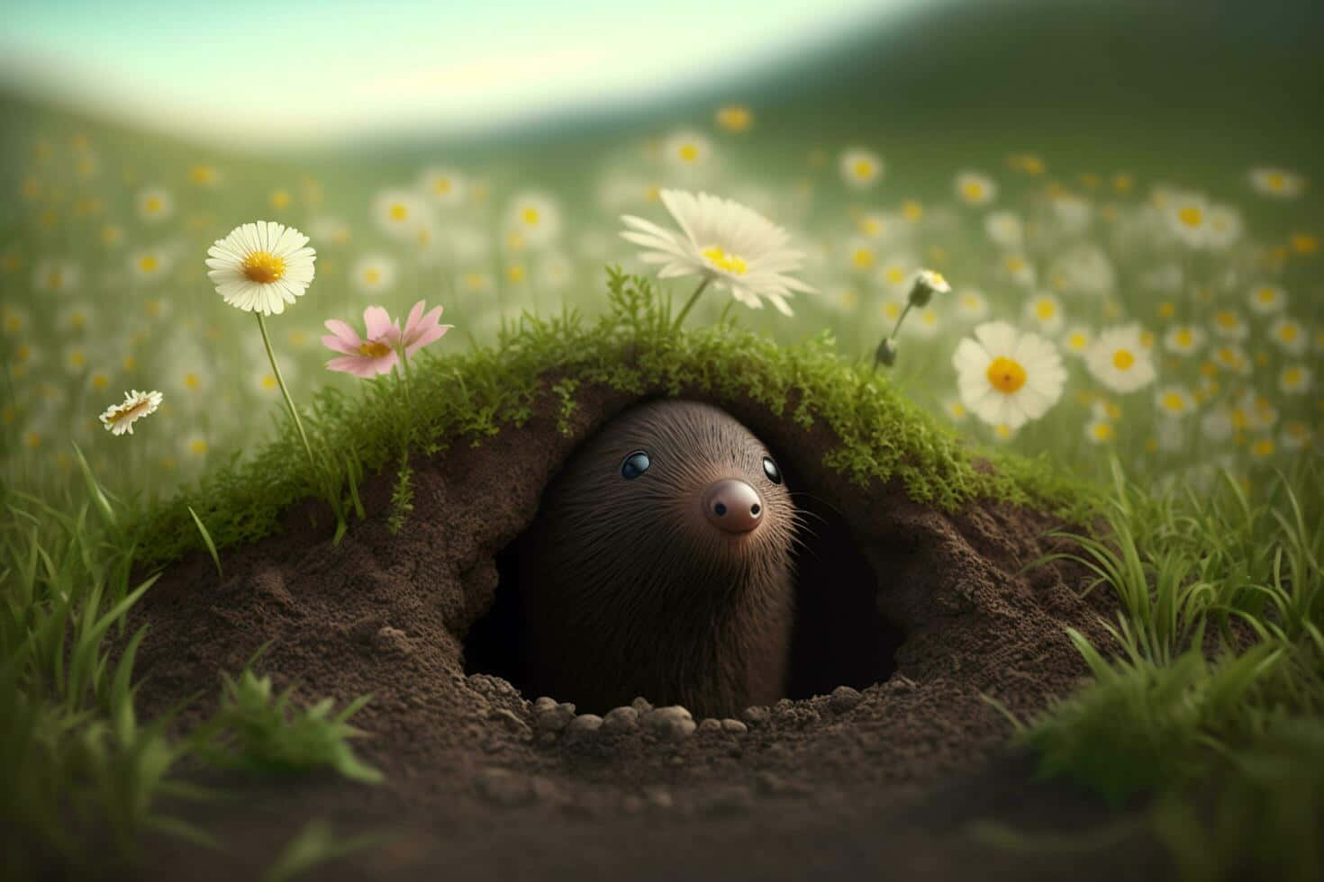 mole, burrow, vibrant green grass, HD Desktop Wallpaper