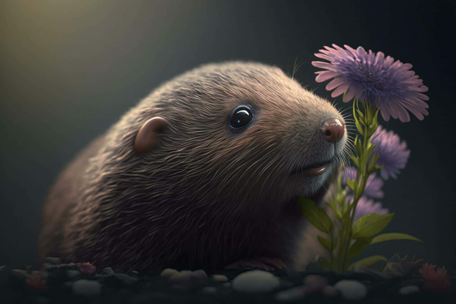 Mole, purple flower, furry brown rodent, HD Desktop Wallpaper
