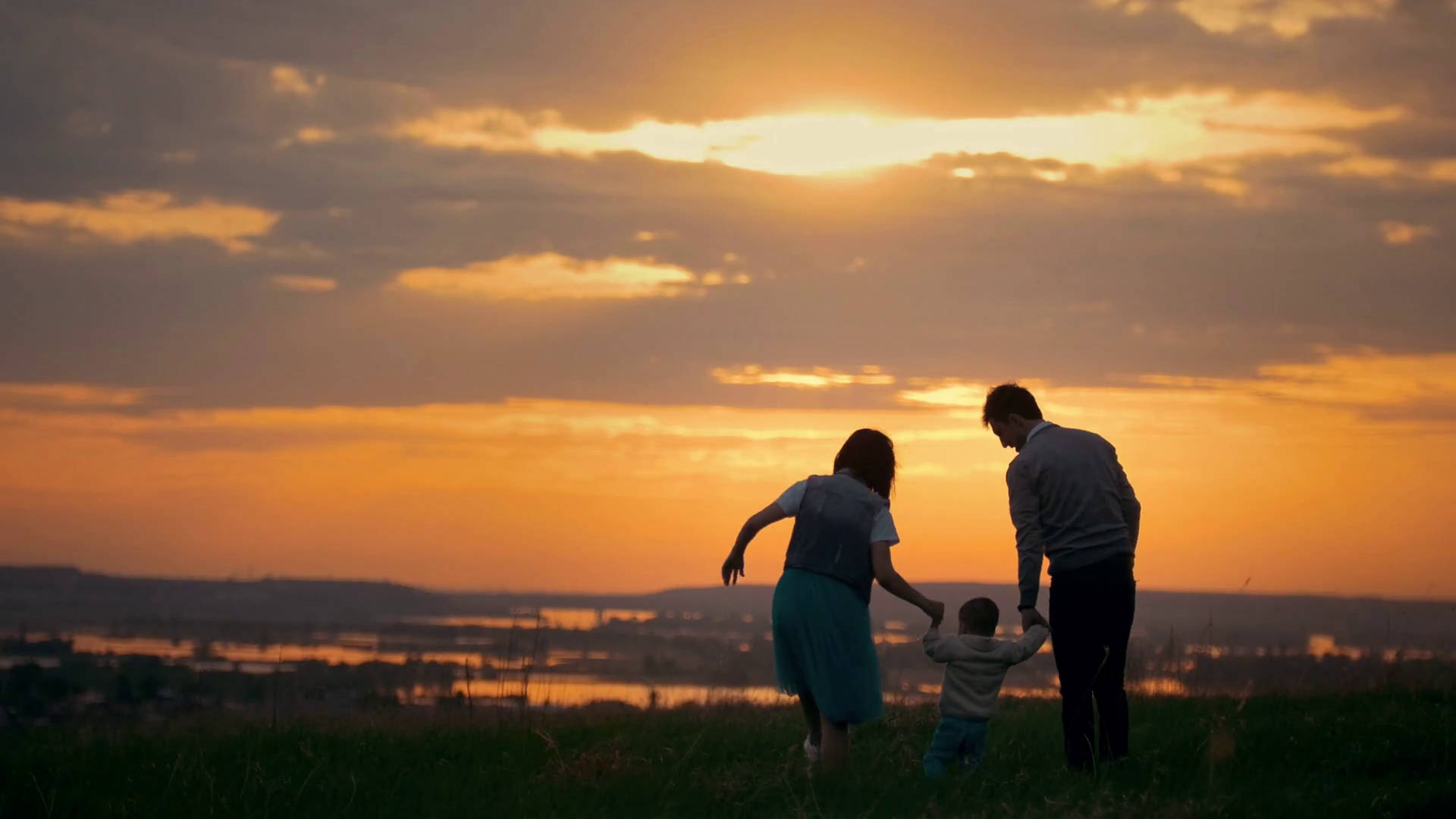 Mom And Dad, sunset, grassy hill, Full HD Desktop Wallpaper