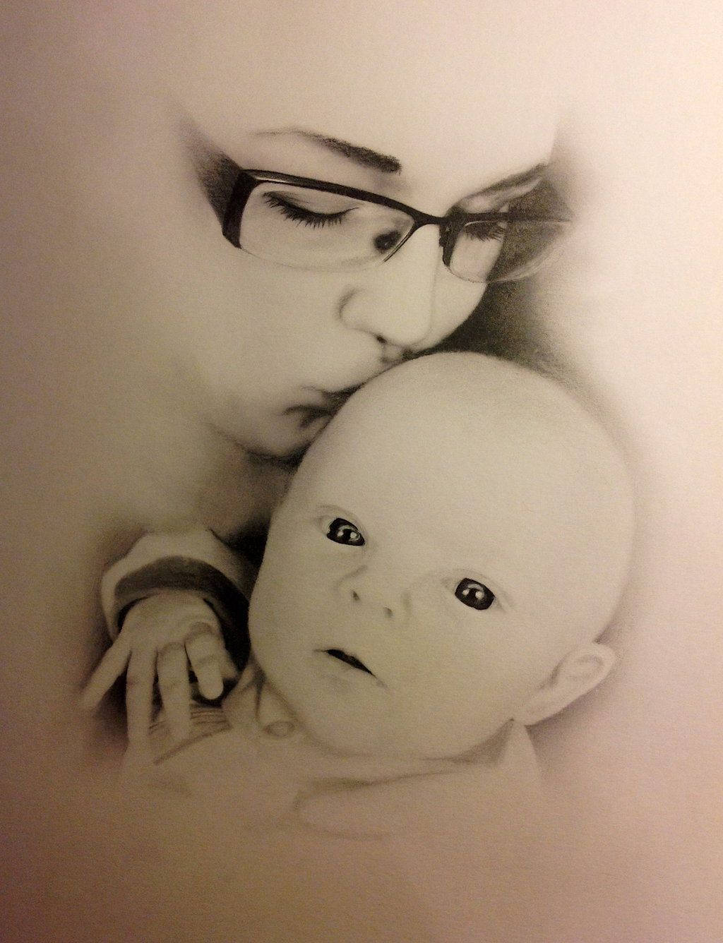 Mom and Son Illustration, black and white pencil drawing, woman with glasses, HD Phone Wallpaper
