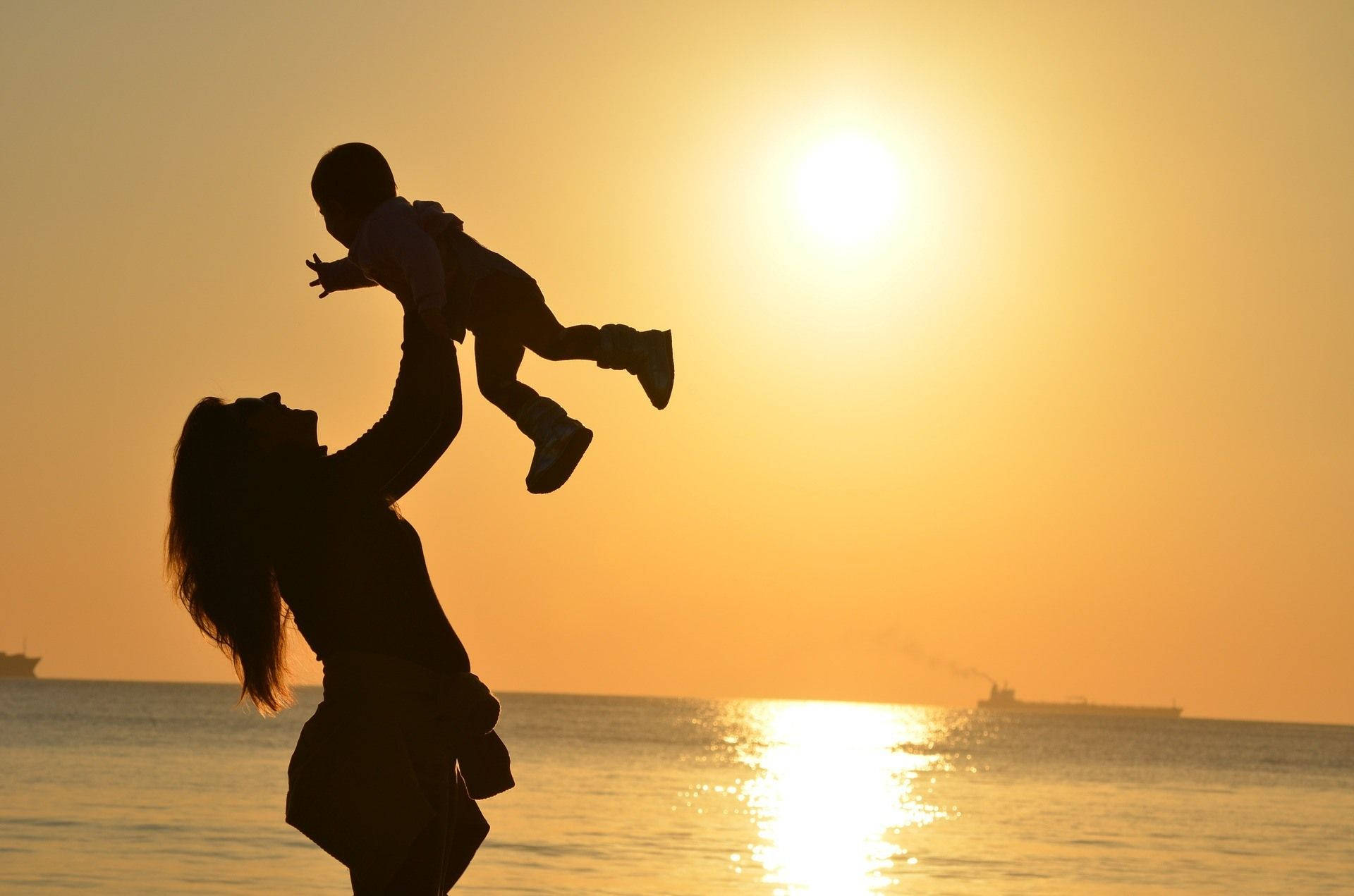 Mom, son, beach, Full HD Desktop Wallpaper