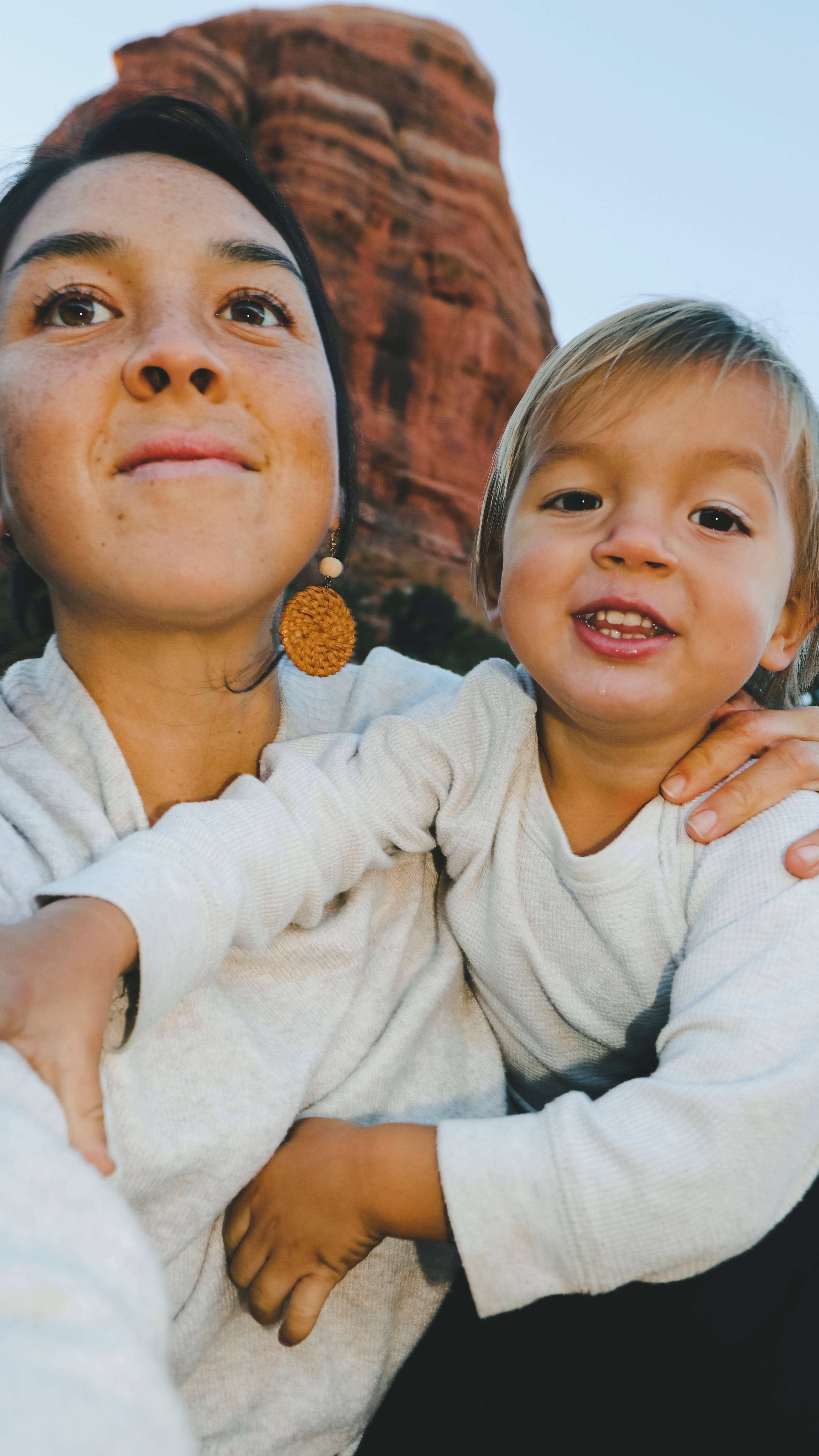 Mom and Son, white, red rock formations, 5K Phone Wallpaper